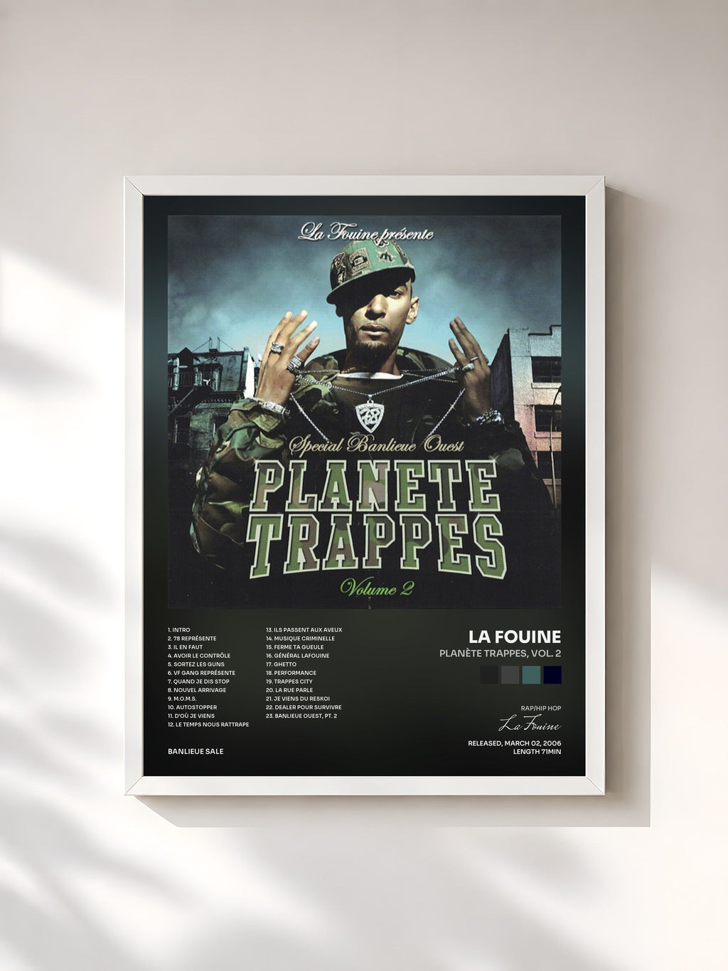 #blanc Tableau de l'album Planète Trappes, vol. 2 de La Fouine, cadre blanc, imprimé et encadré en France