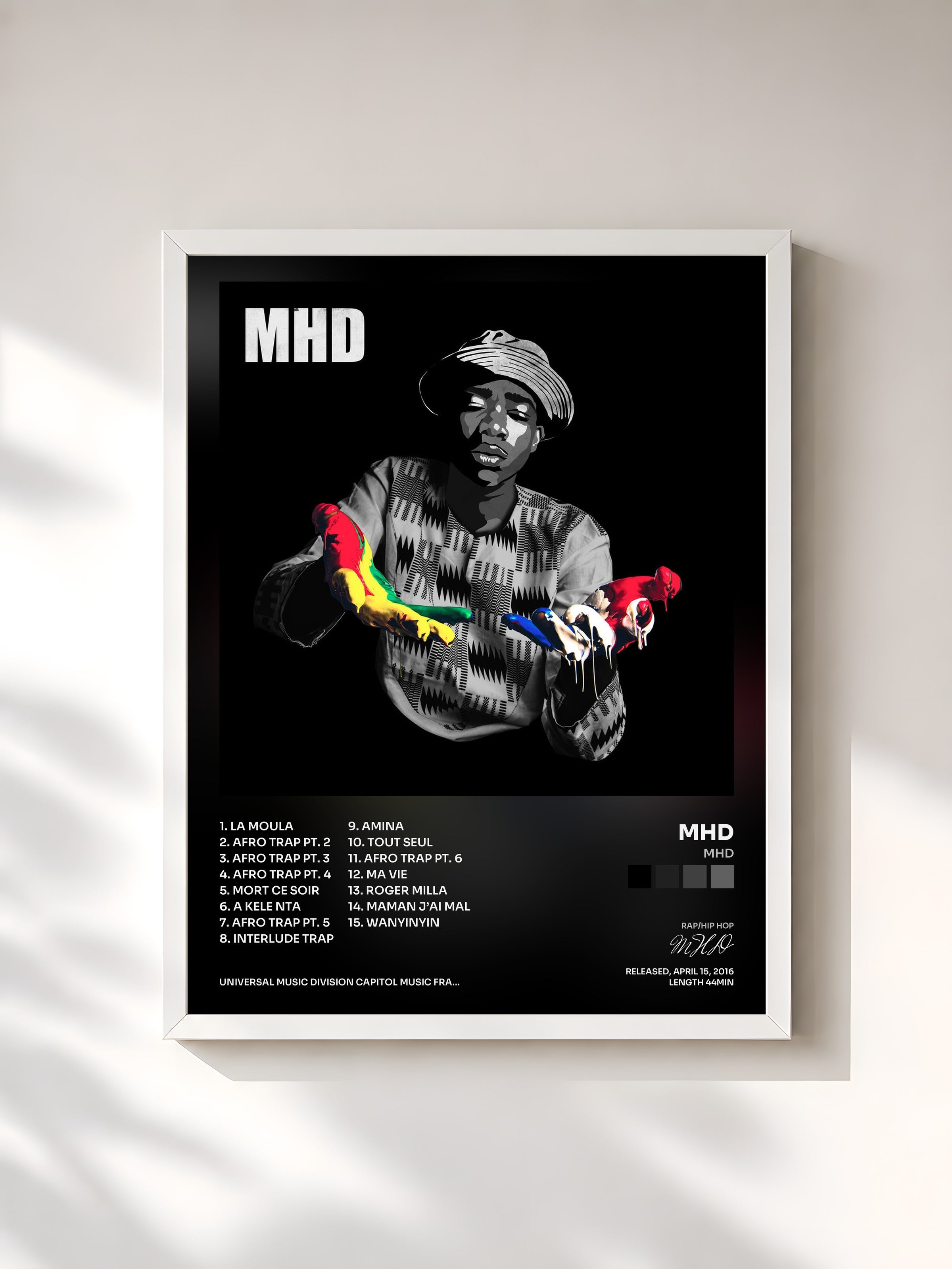 #blanc Tableau de l'album MHD de MHD, cadre blanc, imprimé et encadré en France