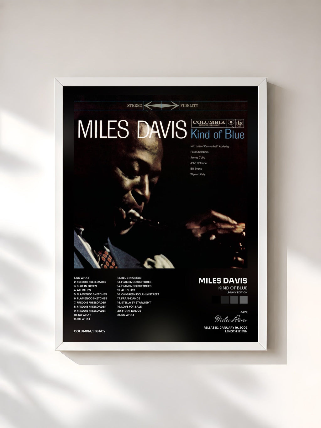 #blanc Tableau de l'album Kind Of Blue (Legacy Edition) de Miles Davis, cadre blanc, imprimé et encadré en France