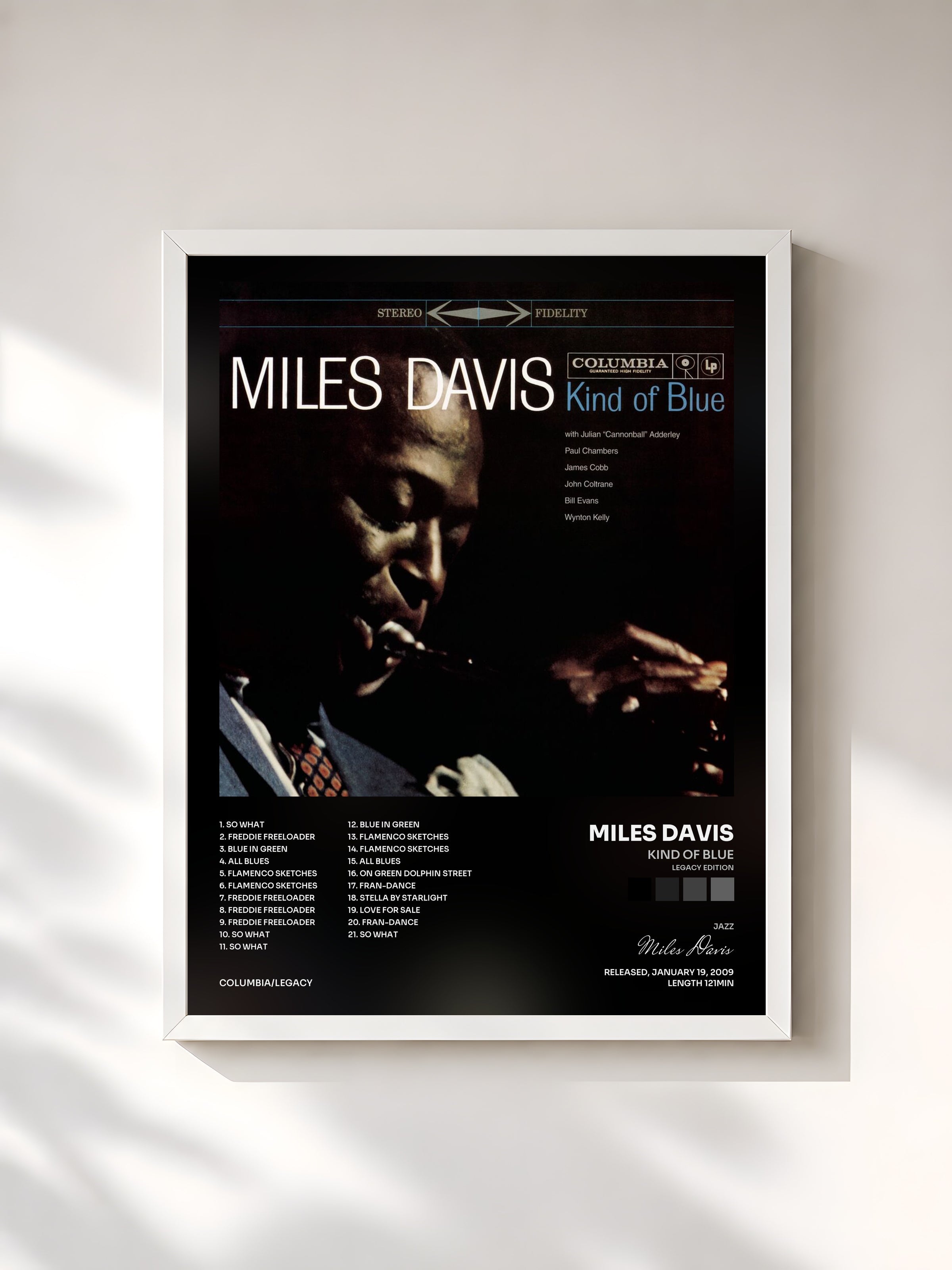 #blanc Kind Of Blue (Legacy Edition) by Miles Davis as a framed art print, white frame, printed and framed in France