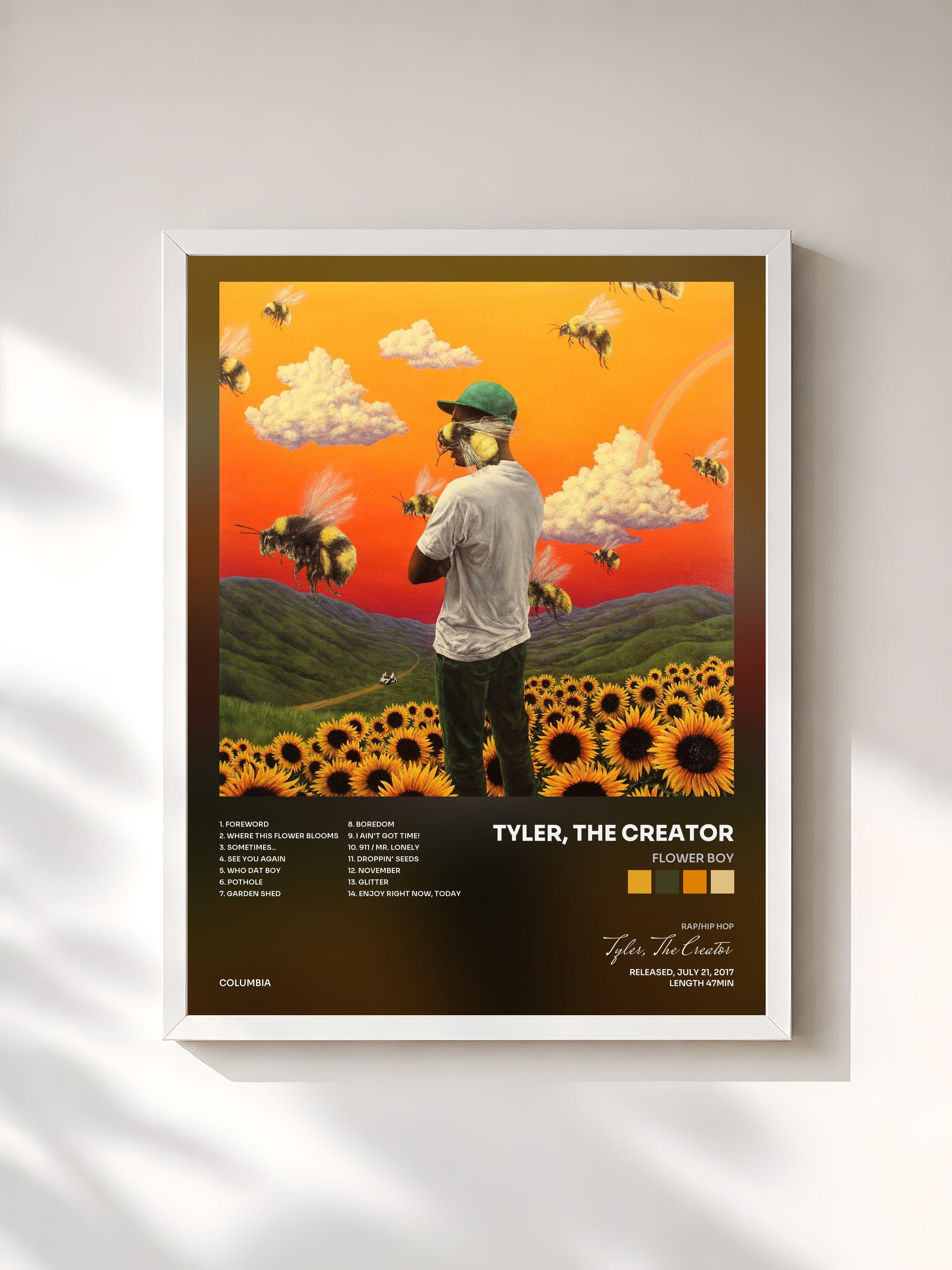 #blanc Tableau de l'album Flower Boy de Tyler, The Creator, cadre blanc, imprimé et encadré en France
