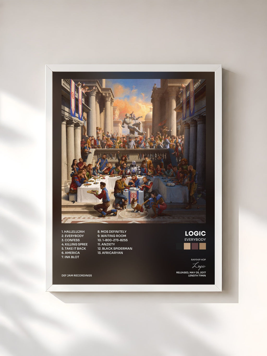 #blanc Tableau de l'album Everybody de Logic, cadre blanc, imprimé et encadré en France