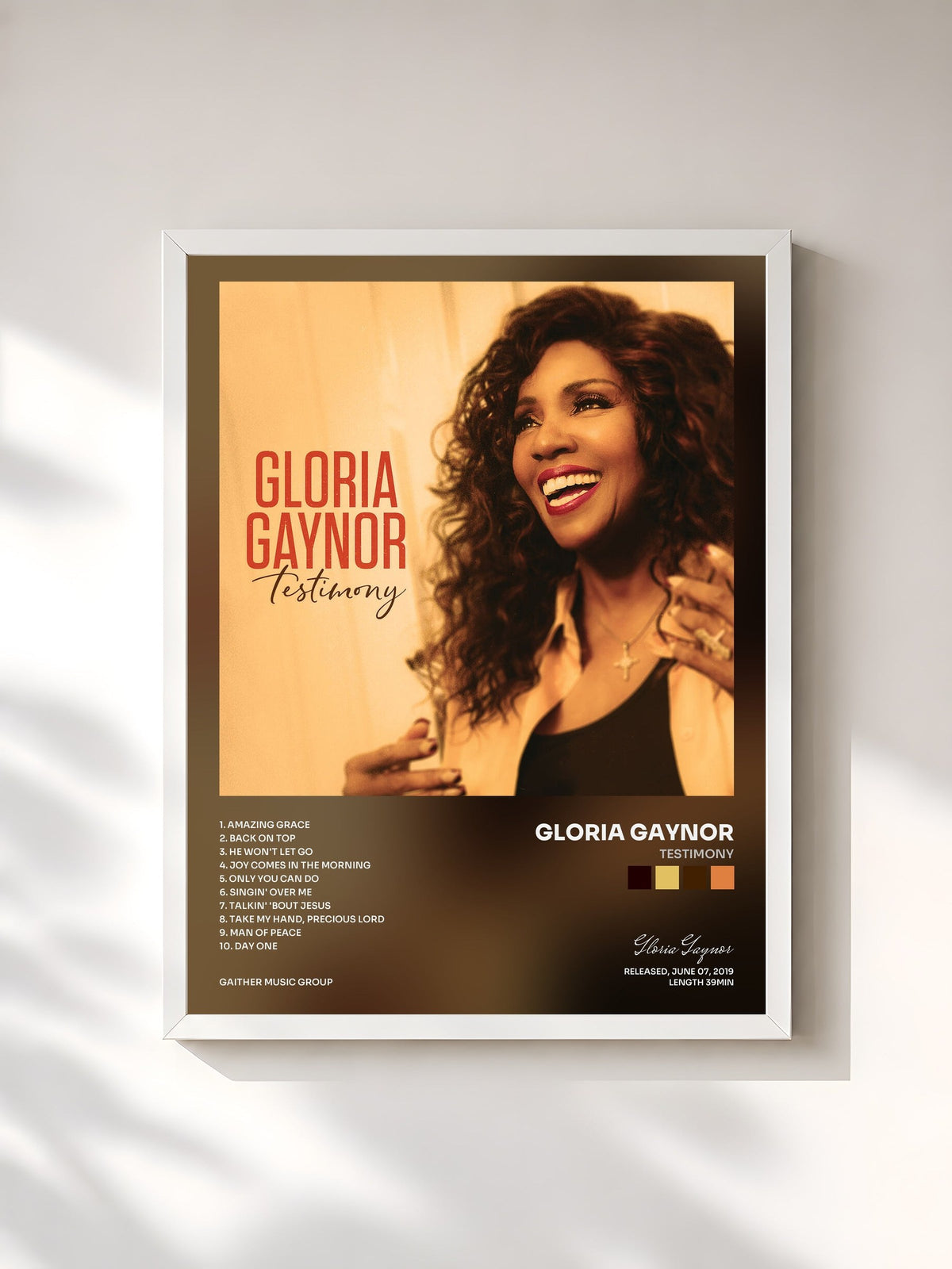 #blanc Tableau de l'album Testimony de Gloria Gaynor, cadre blanc, imprimé et encadré en France