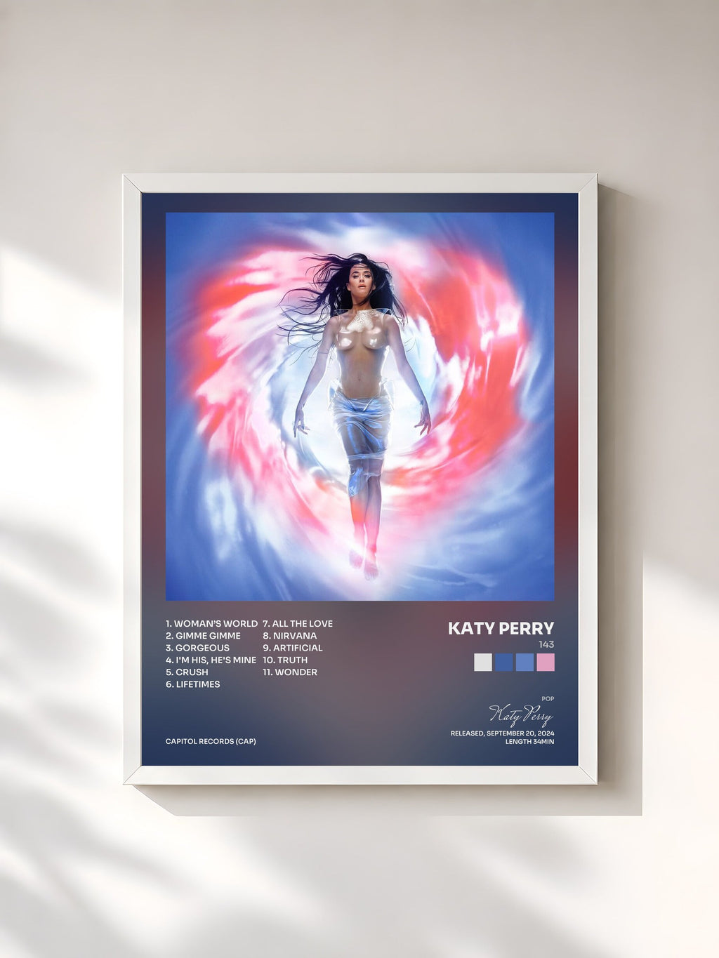 #blanc Tableau de l'album 143 de Katy Perry, cadre blanc, imprimé et encadré en France