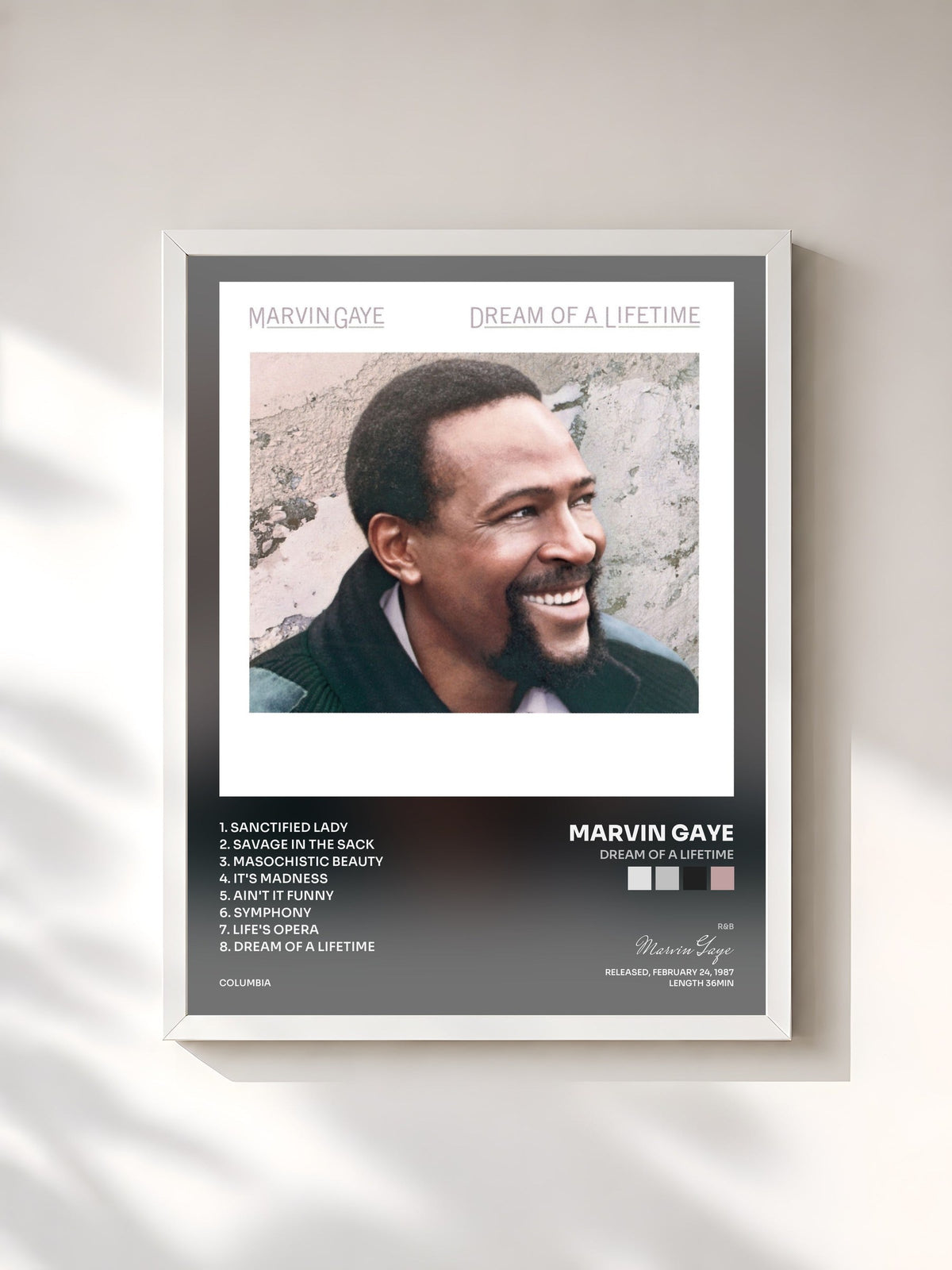 #blanc Tableau de l'album Dream Of A Lifetime de Marvin Gaye, cadre blanc, imprimé et encadré en France