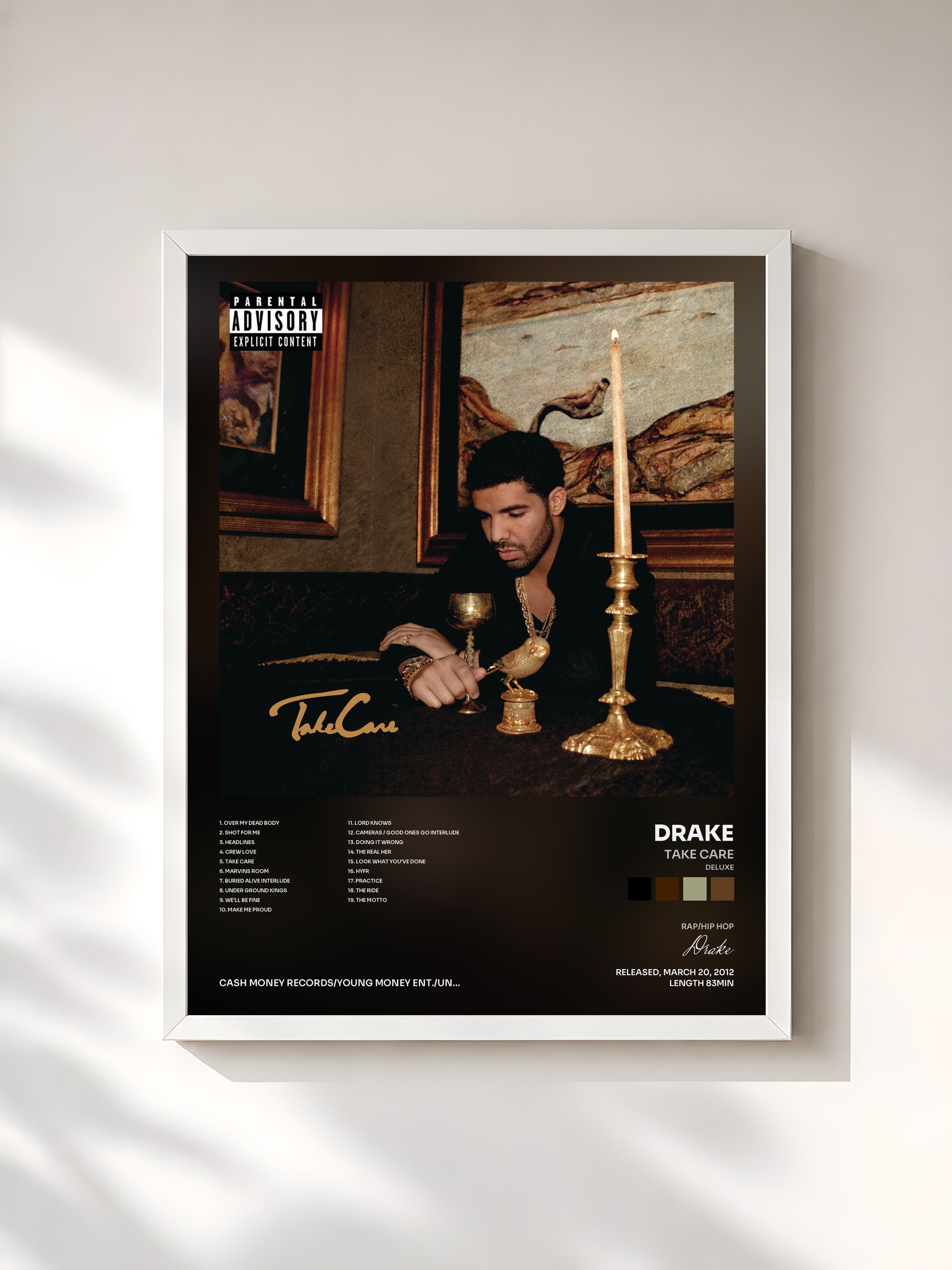 #blanc Take Care (Deluxe) di Drake in stampa incorniciata, cornice bianca, stampata e incorniciata in Francia