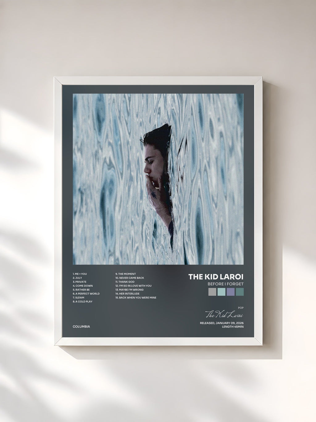#blanc BEFORE I FORGET by The Kid Laroi as a framed art print, white frame, printed and framed in France
