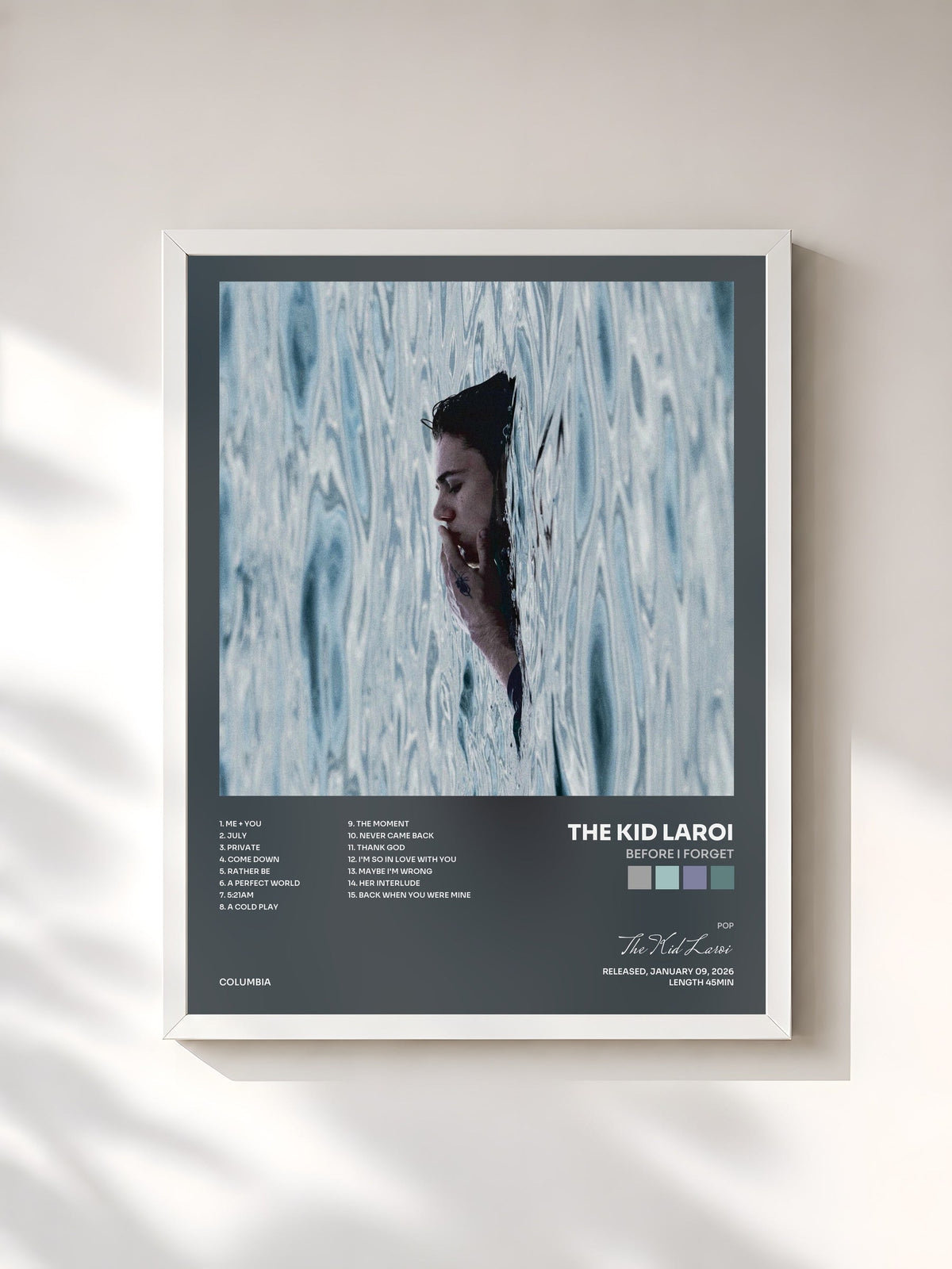 #blanc BEFORE I FORGET by The Kid Laroi as a framed art print, white frame, printed and framed in France