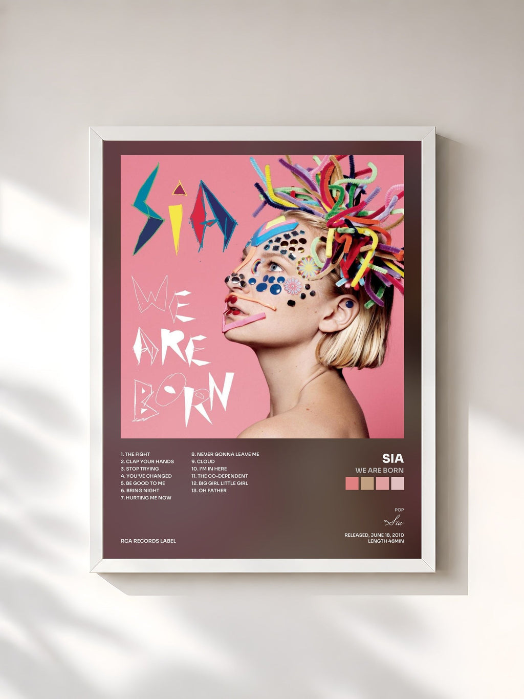 #blanc Tableau de l'album We Are Born de Sia, cadre blanc, imprimé et encadré en France