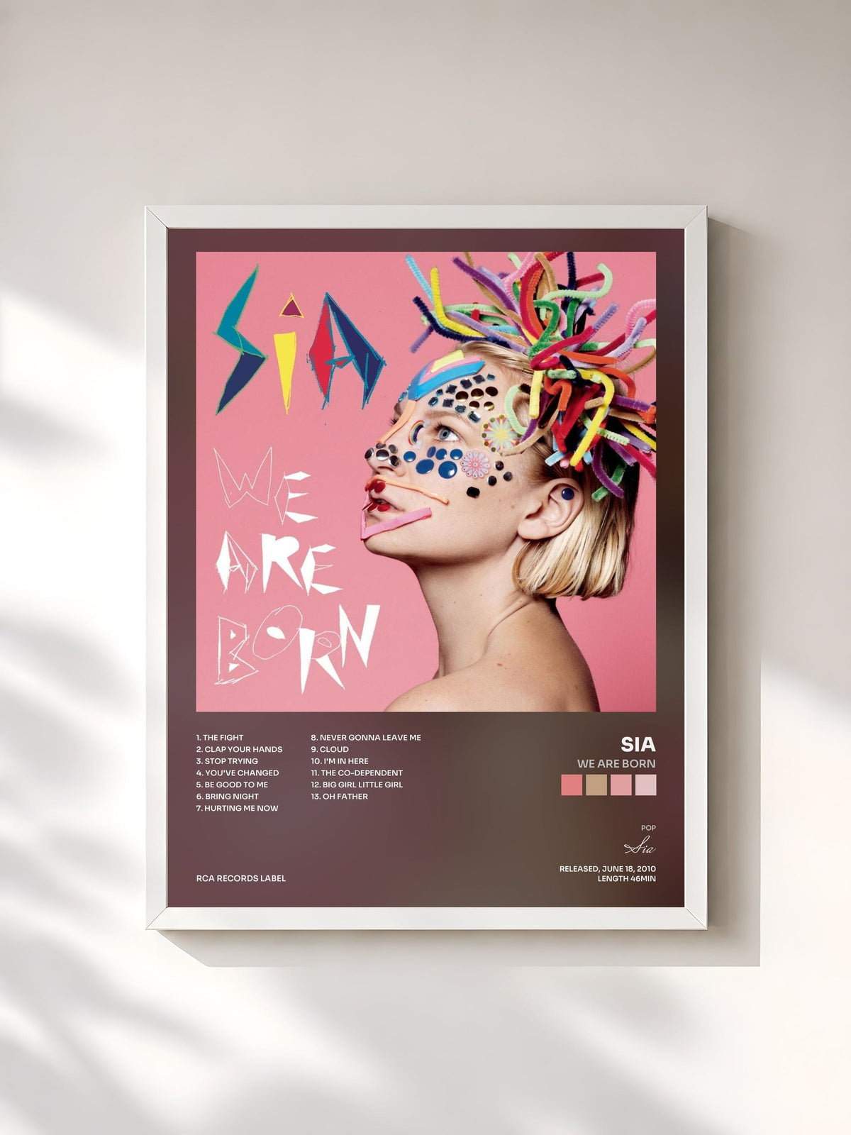 #blanc Tableau de l'album We Are Born de Sia, cadre blanc, imprimé et encadré en France