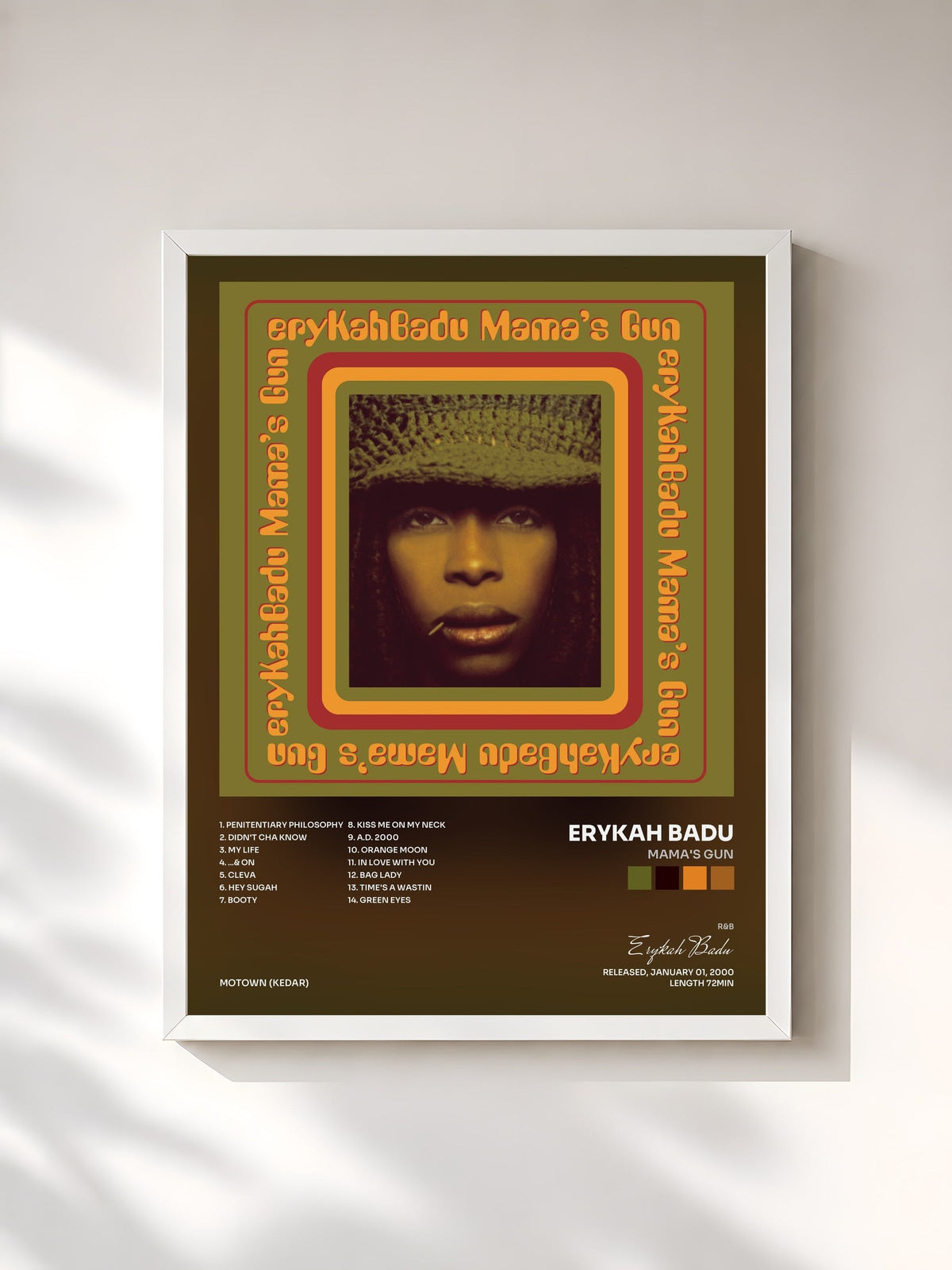 #blanc Tableau de l'album Mama's Gun de Erykah Badu, cadre blanc, imprimé et encadré en France