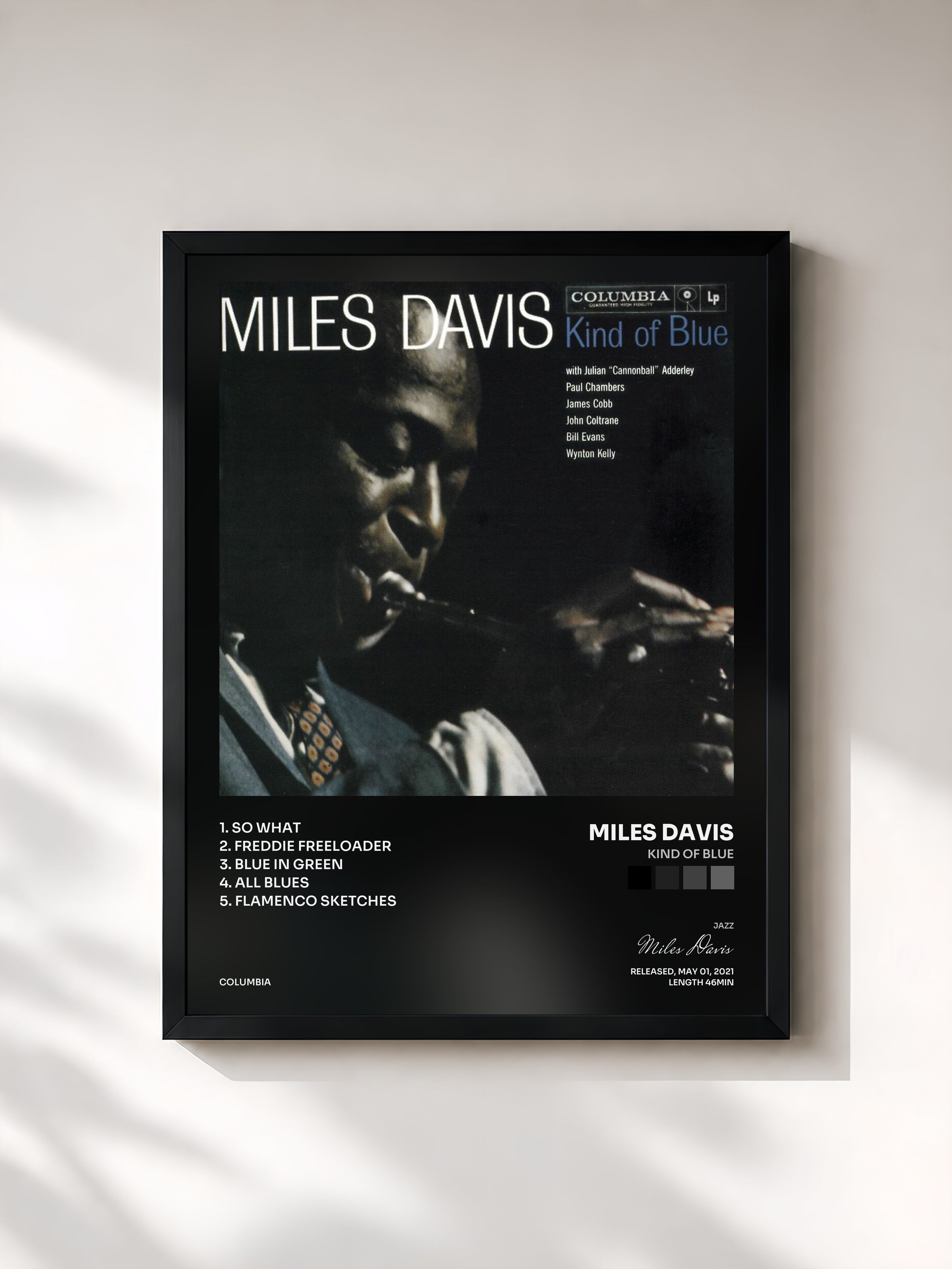 #noir Tableau de l'album Kind Of Blue de Miles Davis, cadre noir, imprimé et encadré en France
