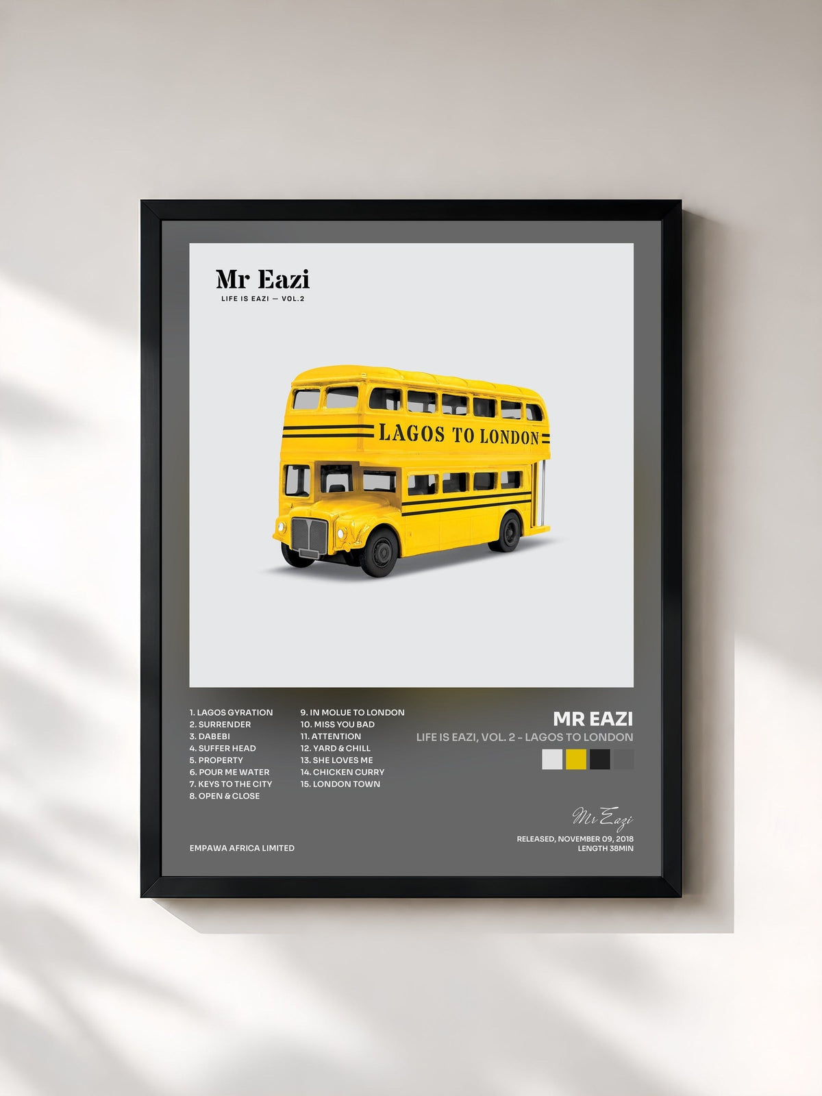 #noir Tableau de l'album Life is Eazi, Vol. 2 - Lagos to London de Mr Eazi, cadre noir, imprimé et encadré en France