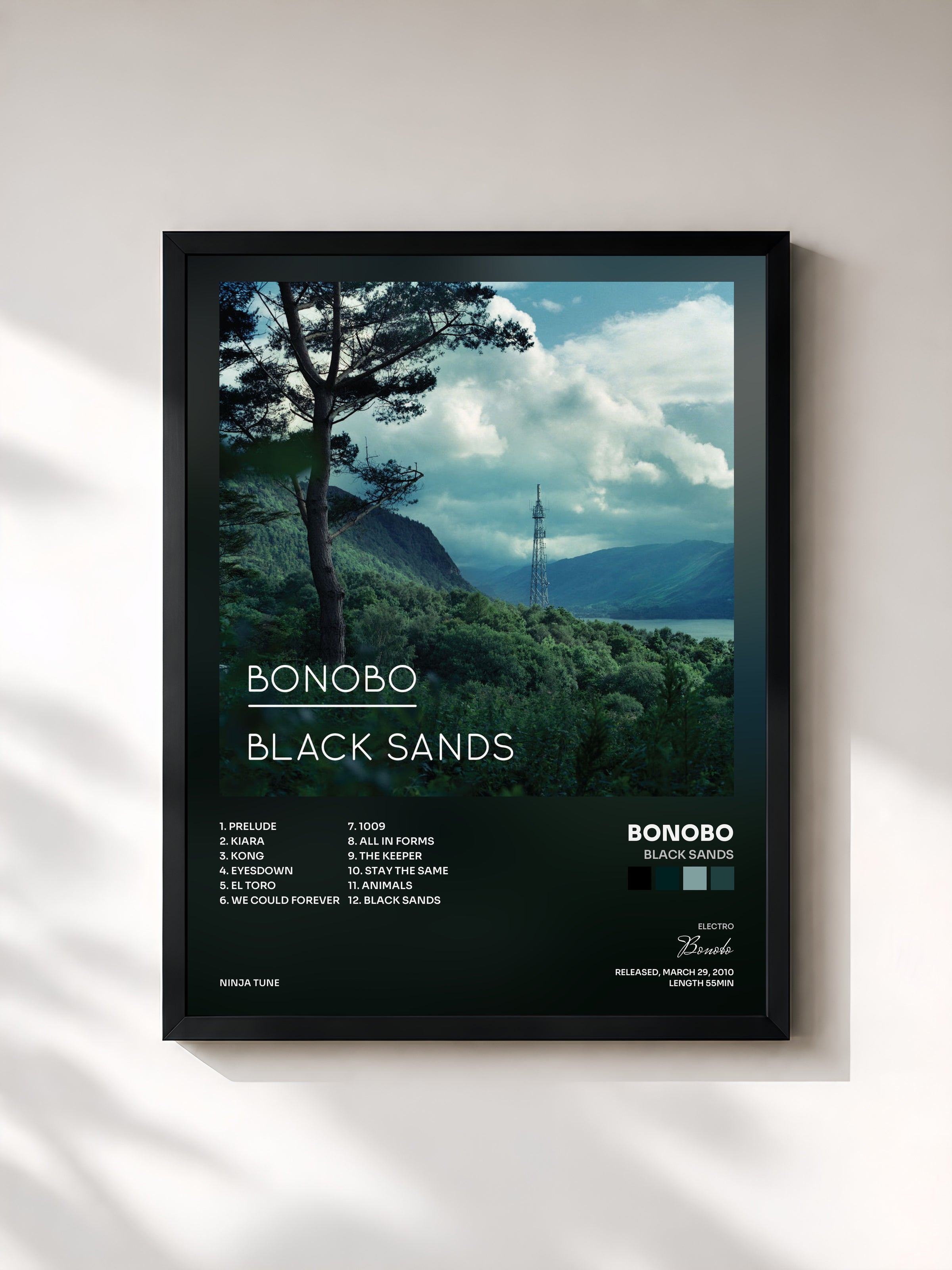#noir Black Sands de Bonobo en lámina enmarcada, marco negro, impresa y enmarcada en Francia