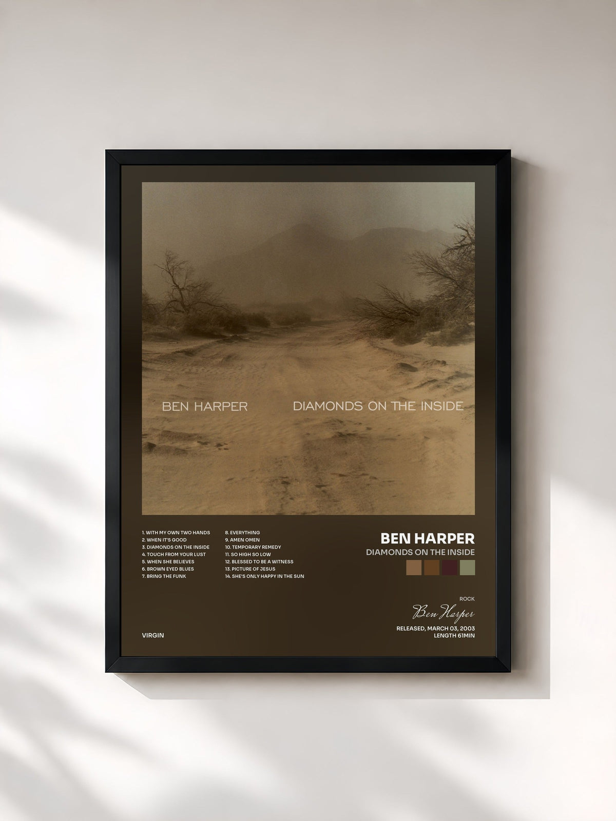 #noir Tableau de l'album Diamonds On The Inside de Ben Harper, cadre noir, imprimé et encadré en France