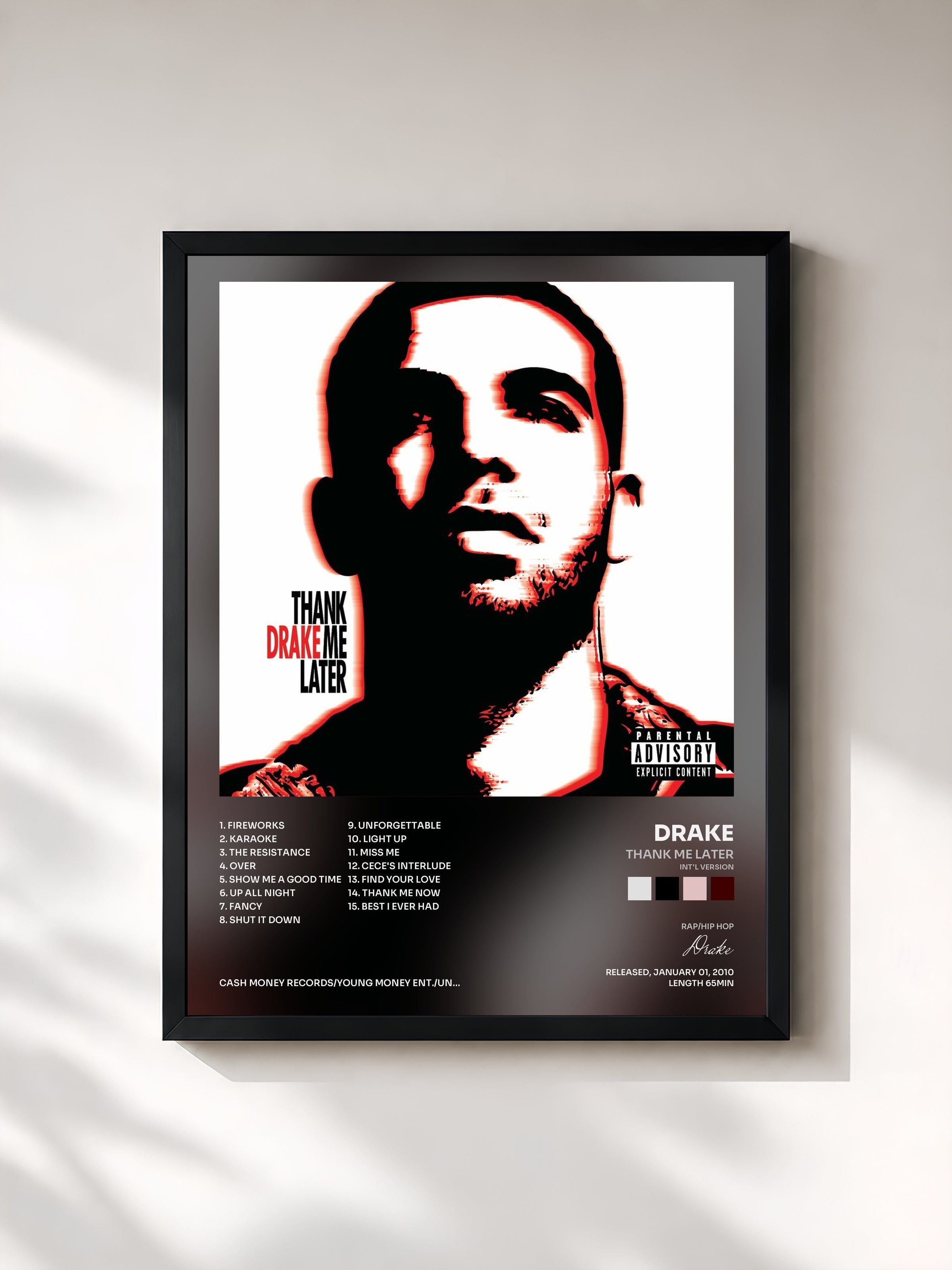 #noir Tableau de l'album Thank Me Later (Int'l Version) de Drake, cadre noir, imprimé et encadré en France