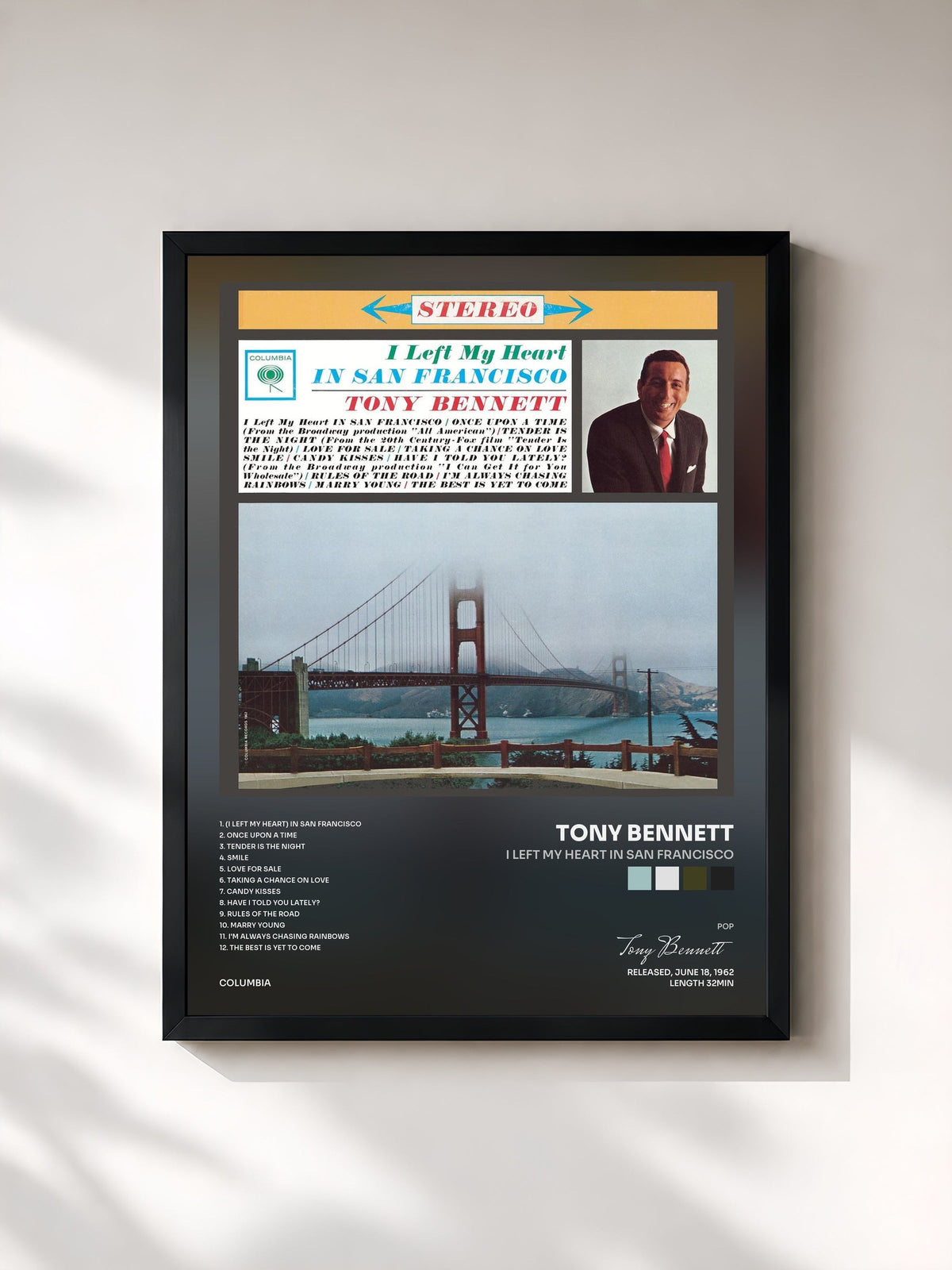 #noir I Left My Heart In San Francisco di Tony Bennett in stampa incorniciata, cornice nera, stampata e incorniciata in Francia