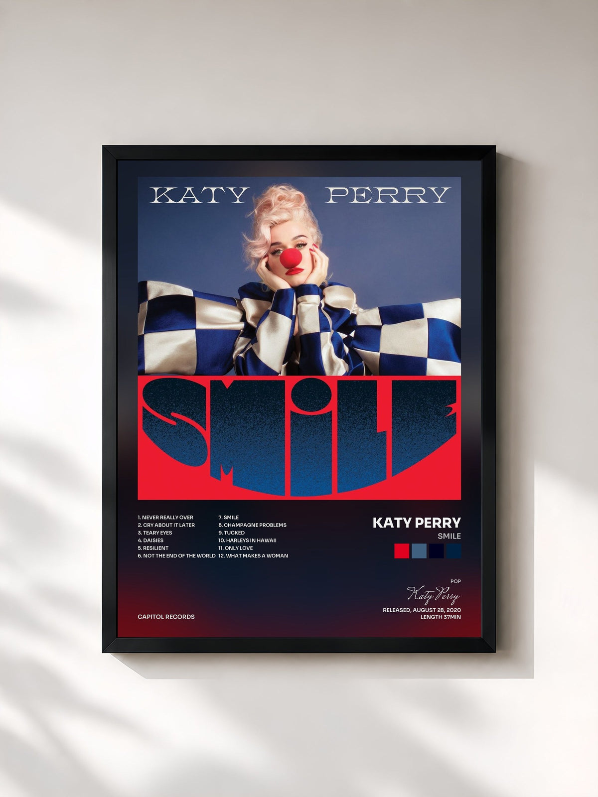 #noir Tableau de l'album Smile de Katy Perry, cadre noir, imprimé et encadré en France