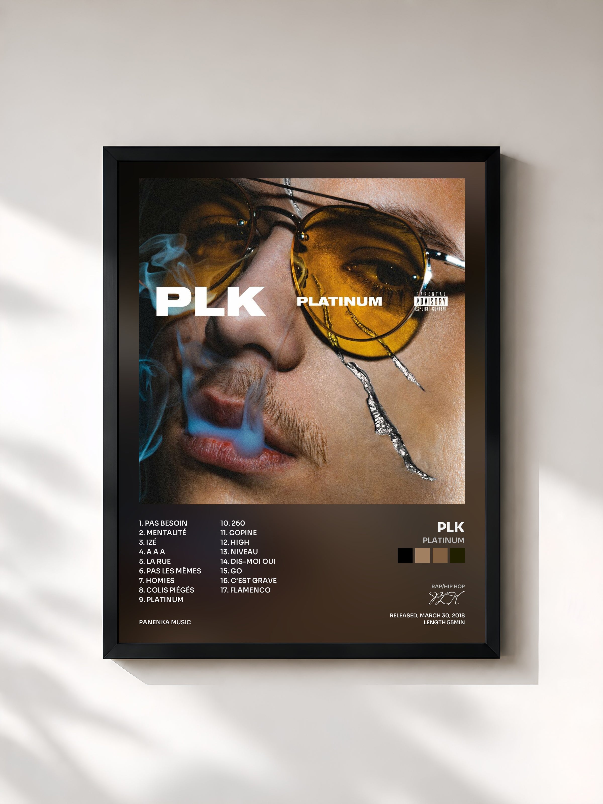 #noir Tableau de l'album Platinum de PLK, cadre noir, imprimé et encadré en France