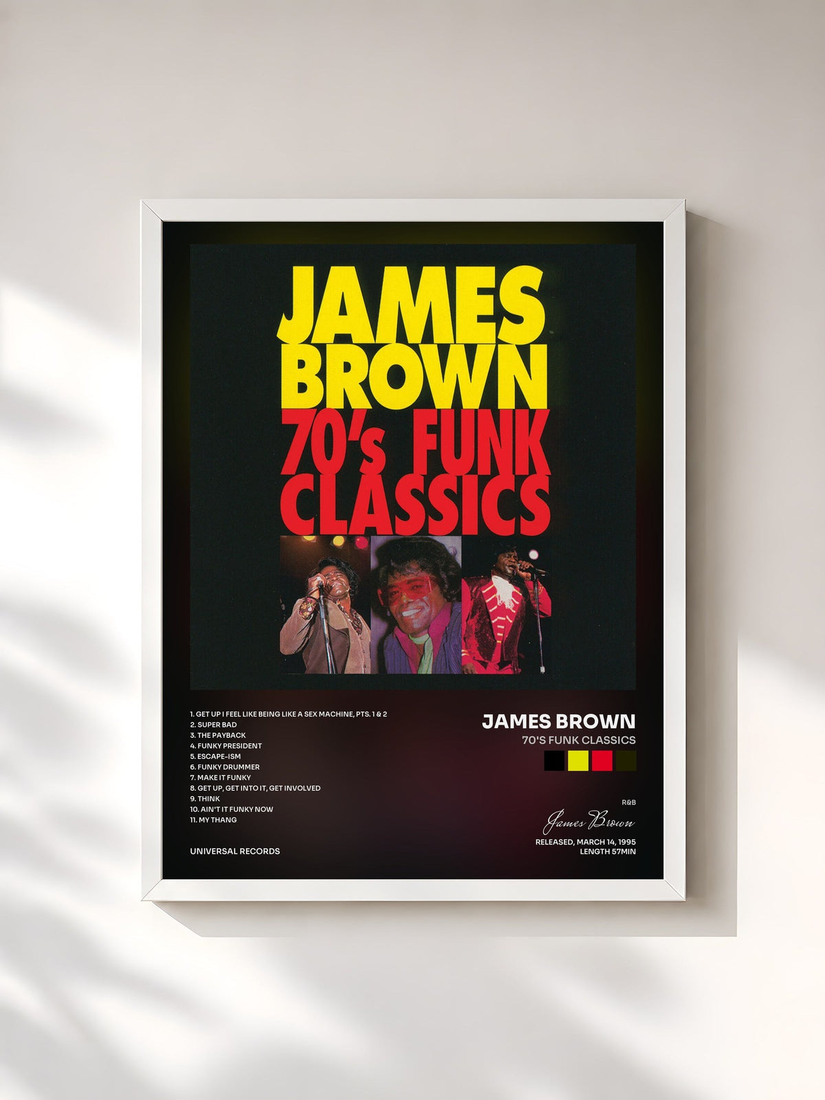 #blanc Tableau de l'album 70's Funk Classics de James Brown, cadre blanc, imprimé et encadré en France