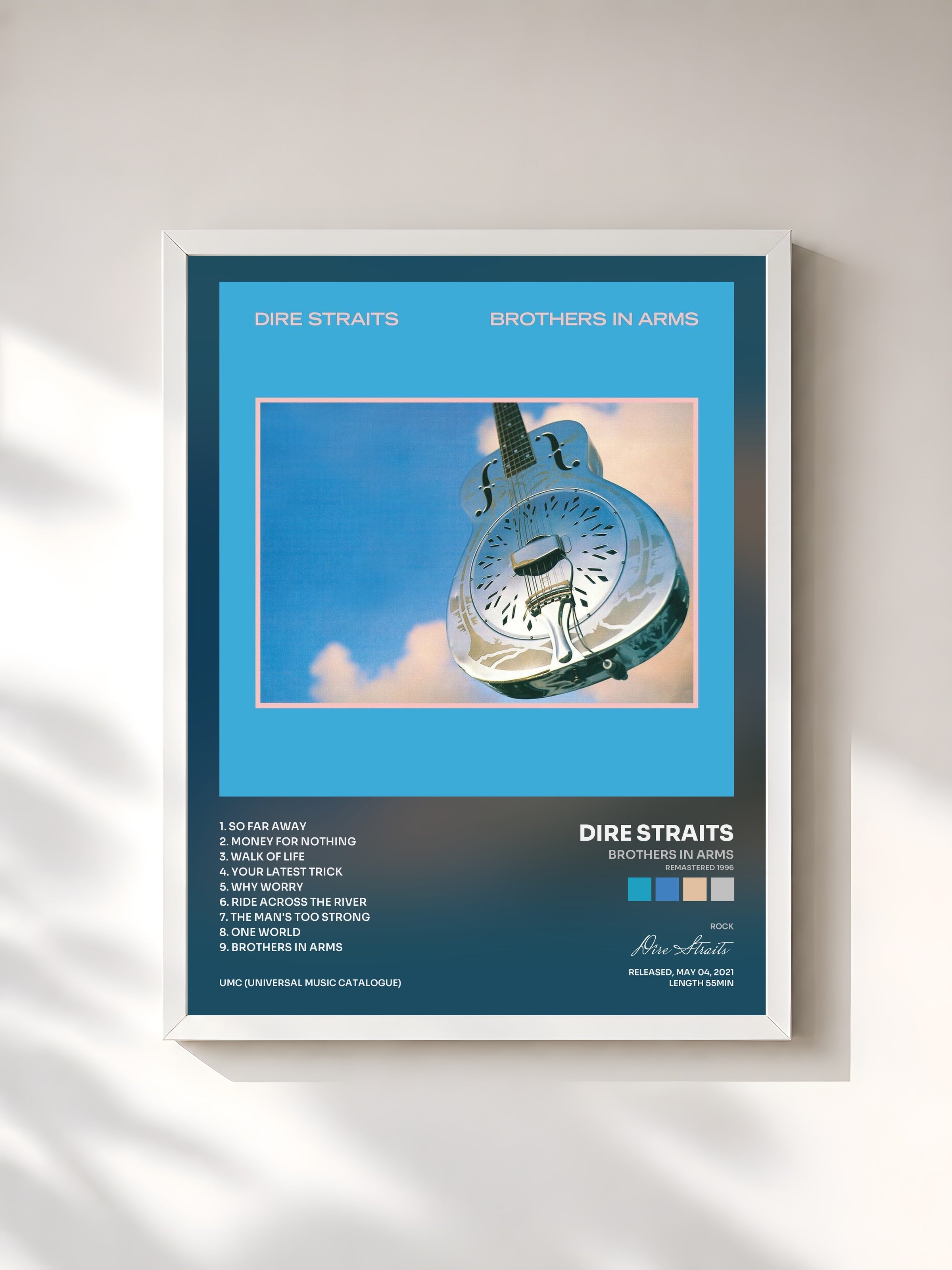 #blanc Brothers In Arms (Remastered 1996) by Dire Straits as a framed art print, white frame, printed and framed in France