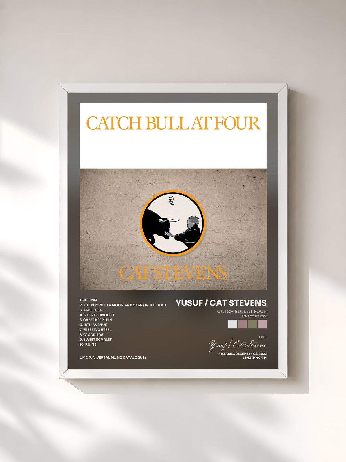 #blanc Tableau de l'album Catch Bull At Four (Remastered 2022) de Yusuf / Cat Stevens, cadre blanc, imprimé et encadré en France