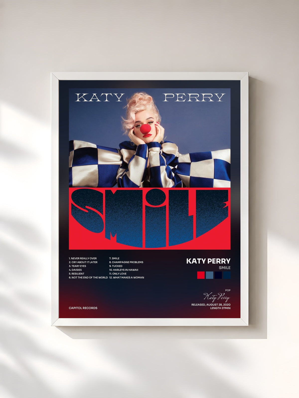 #blanc Tableau de l'album Smile de Katy Perry, cadre blanc, imprimé et encadré en France