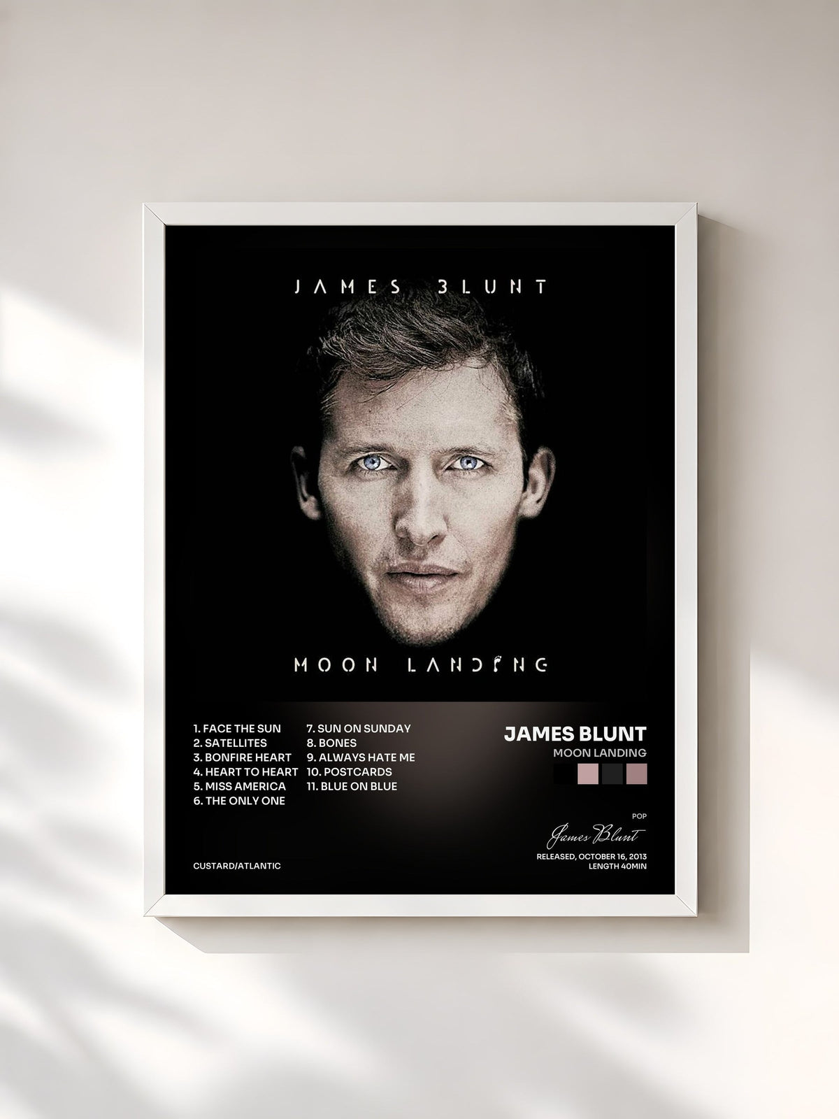 #blanc Tableau de l'album Moon Landing de James Blunt, cadre blanc, imprimé et encadré en France
