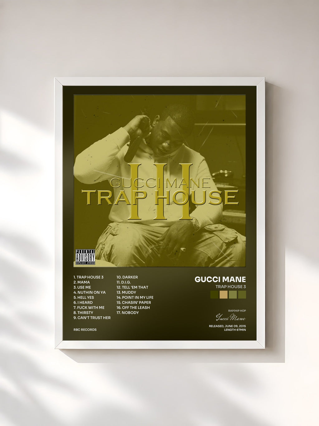 #blanc Tableau de l'album Trap House 3 de Gucci Mane, cadre blanc, imprimé et encadré en France
