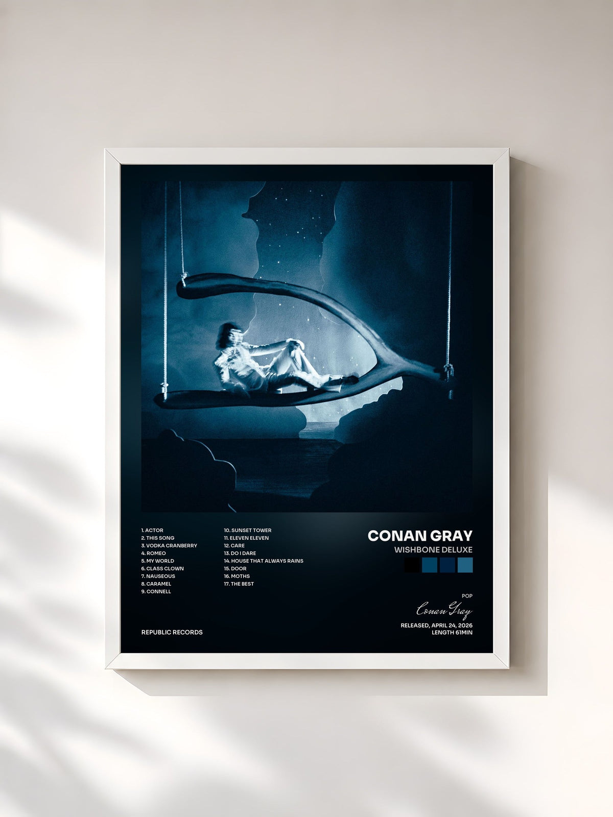 #blanc Tableau de l'album Wishbone Deluxe de Conan Gray, cadre blanc, imprimé et encadré en France