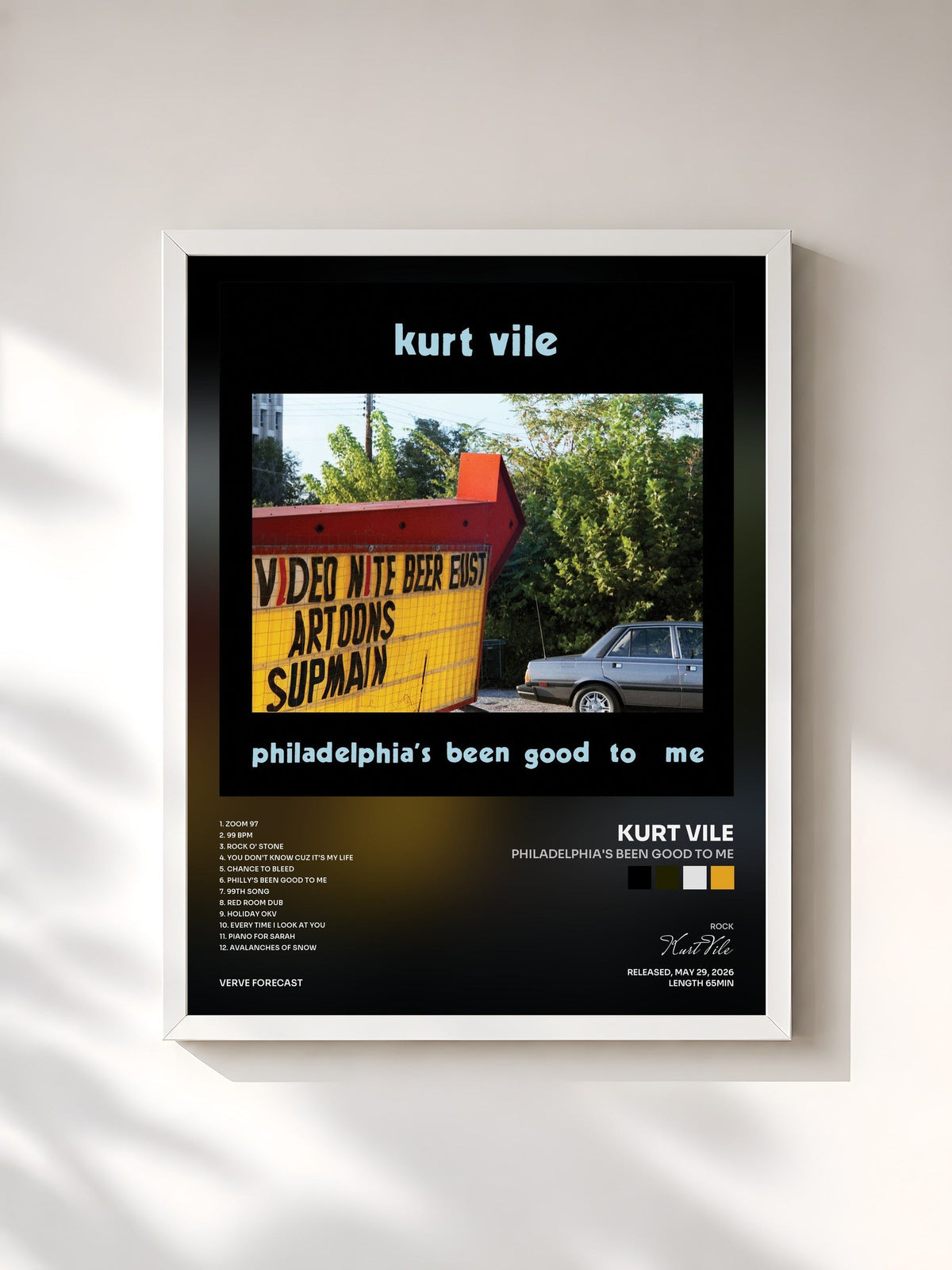 #blanc Philadelphia's been good to me de Kurt Vile en lámina enmarcada, marco blanco, impresa y enmarcada en Francia