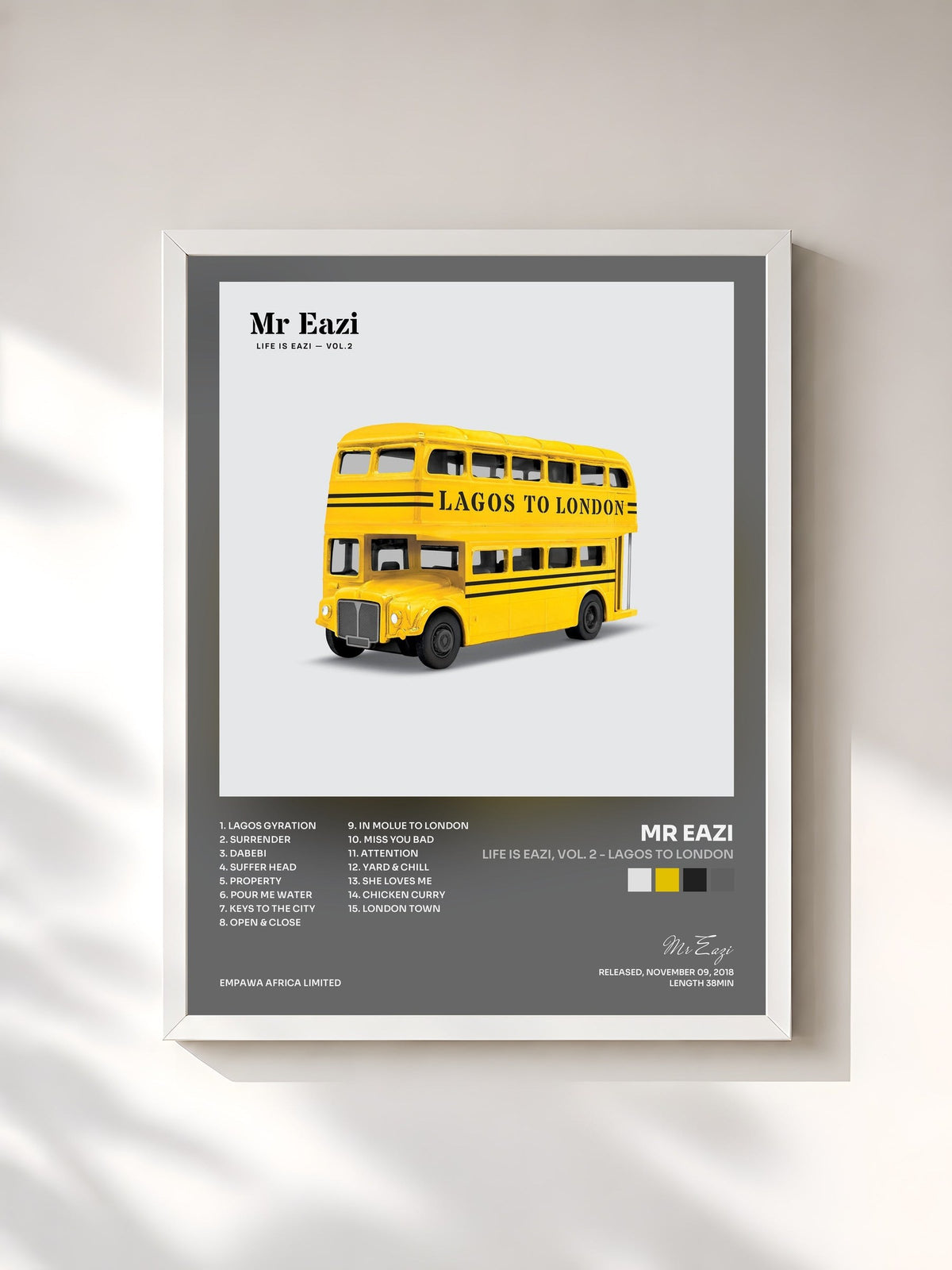 #blanc Tableau de l'album Life is Eazi, Vol. 2 - Lagos to London de Mr Eazi, cadre blanc, imprimé et encadré en France