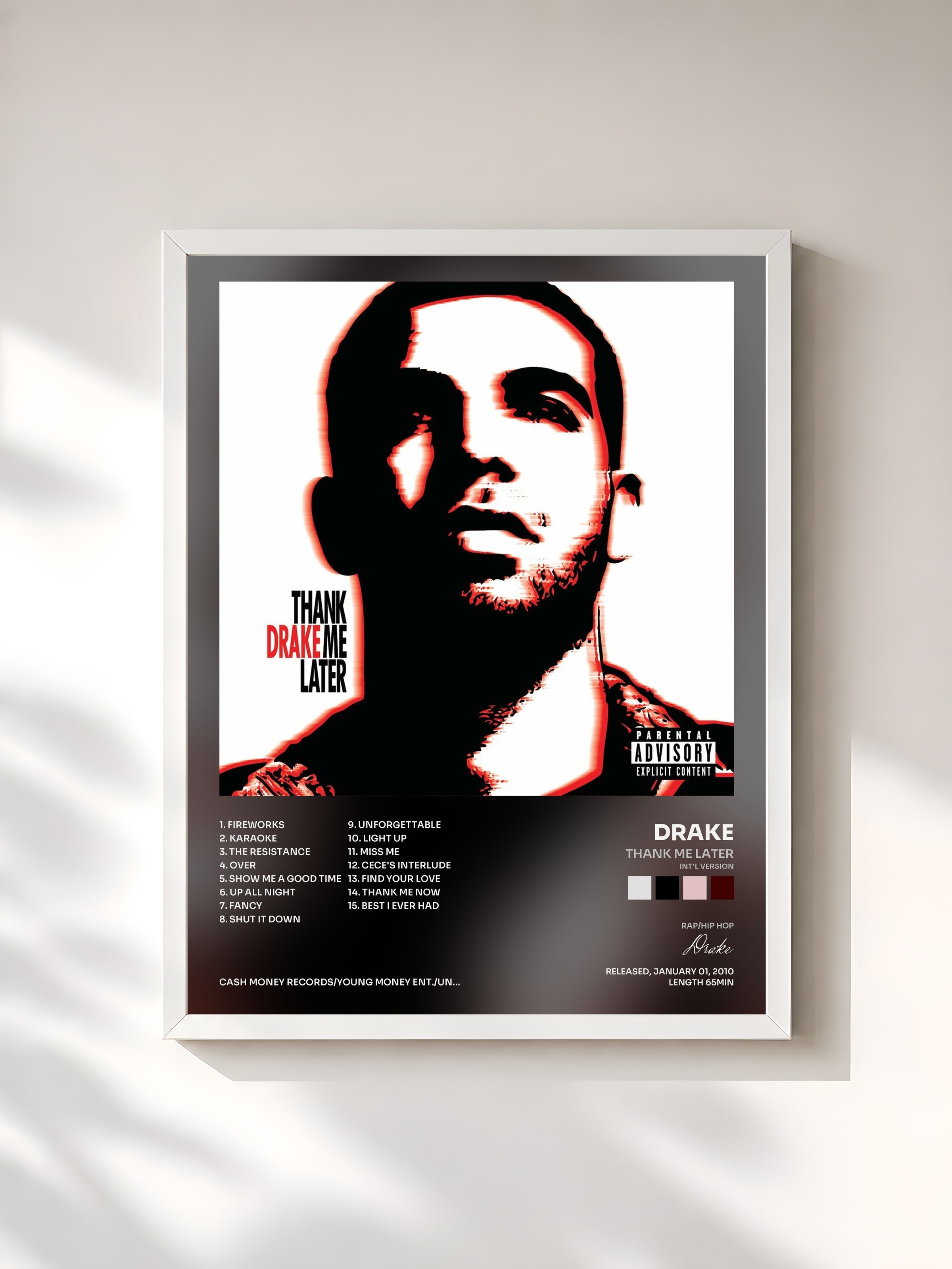 #blanc Tableau de l'album Thank Me Later (Int'l Version) de Drake, cadre blanc, imprimé et encadré en France