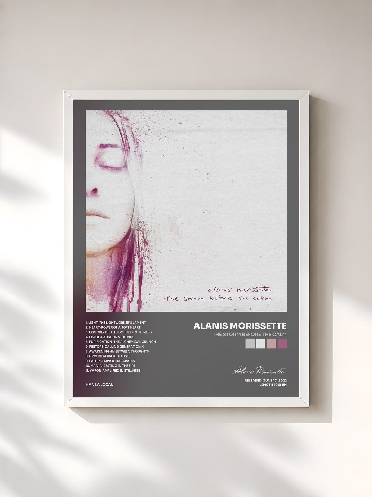 #blanc Tableau de l'album the storm before the calm de Alanis Morissette, cadre blanc, imprimé et encadré en France