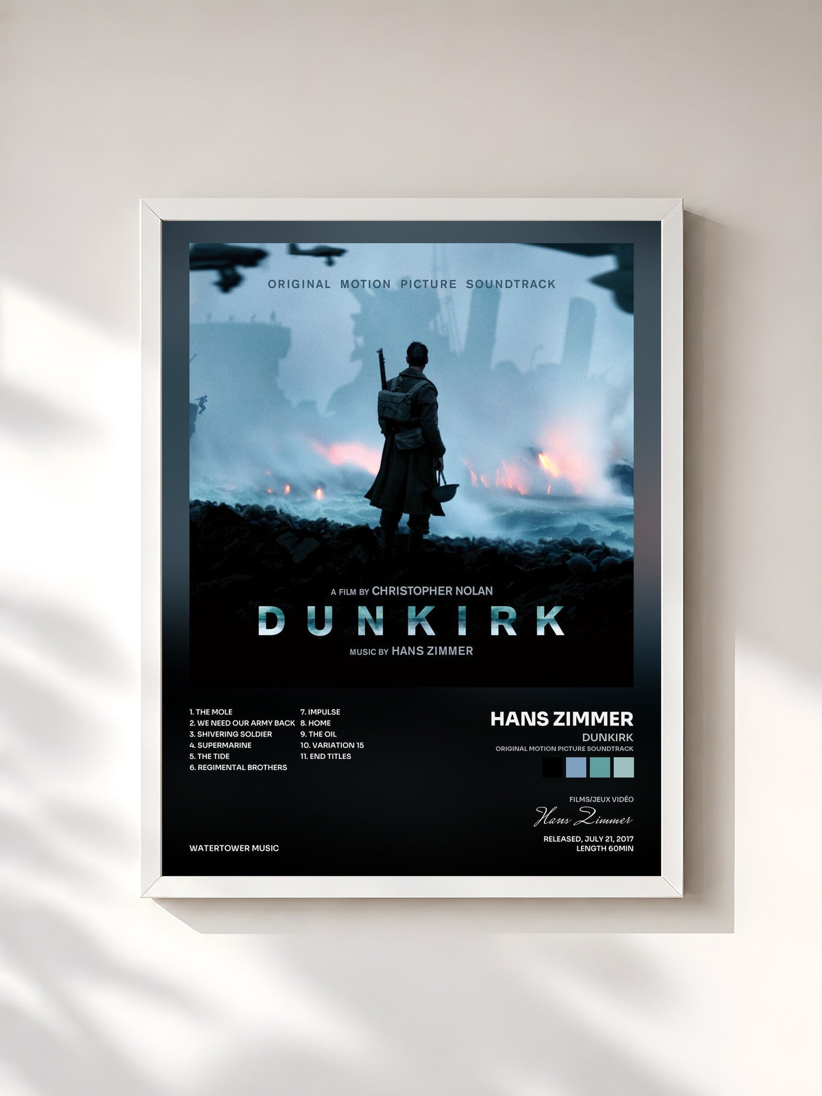 #blanc Tableau de l'album Dunkirk (Original Motion Picture Soundtrack) de Hans Zimmer, cadre blanc, imprimé et encadré en France