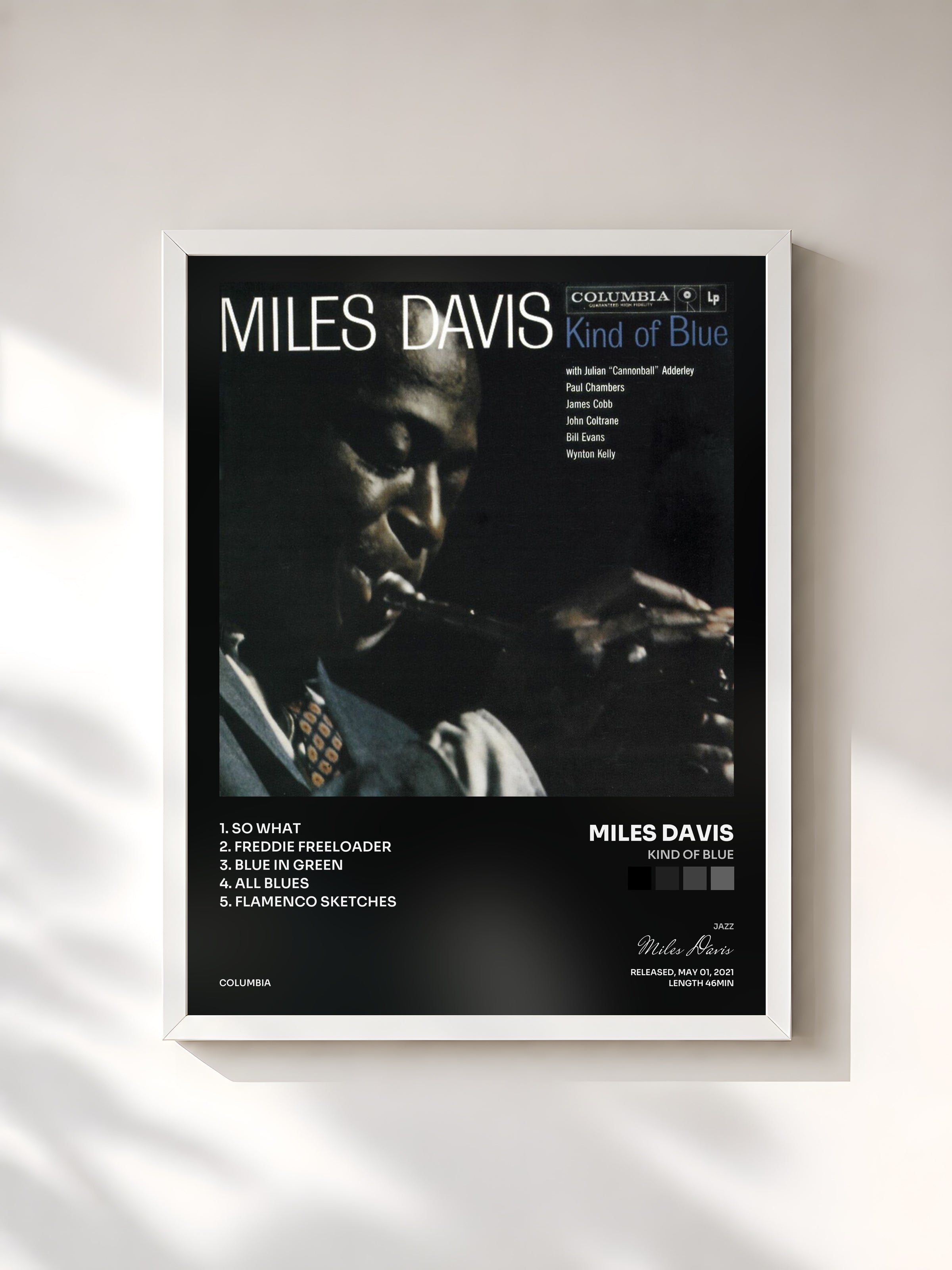 #blanc Tableau de l'album Kind Of Blue de Miles Davis, cadre blanc, imprimé et encadré en France