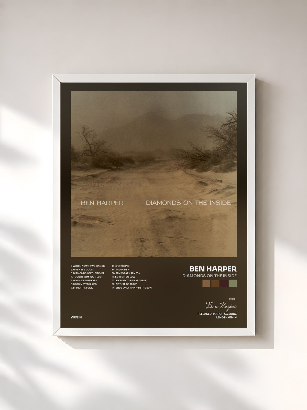 #blanc Tableau de l'album Diamonds On The Inside de Ben Harper, cadre blanc, imprimé et encadré en France