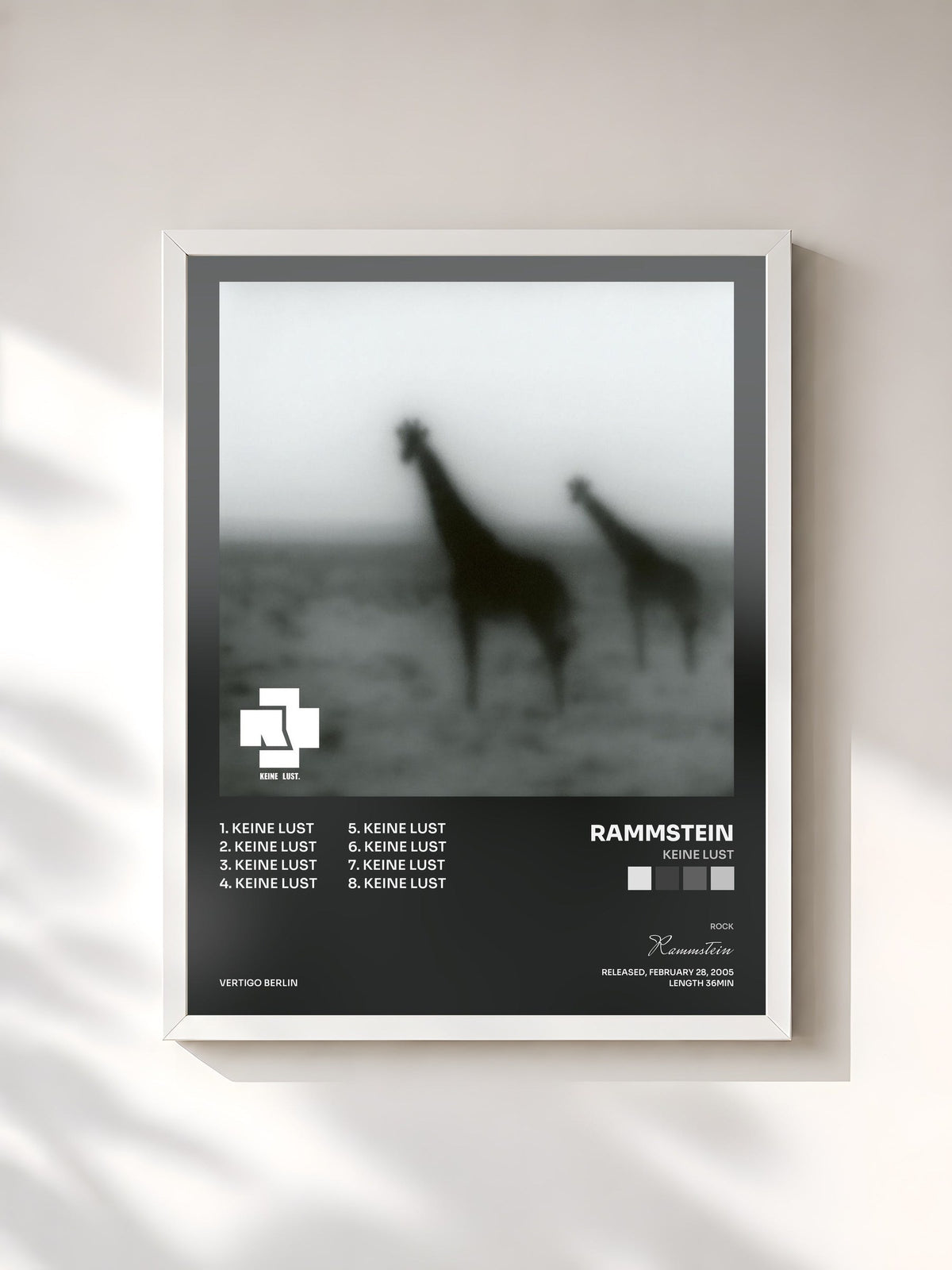 #blanc Keine Lust by Rammstein as a framed art print, white frame, printed and framed in France