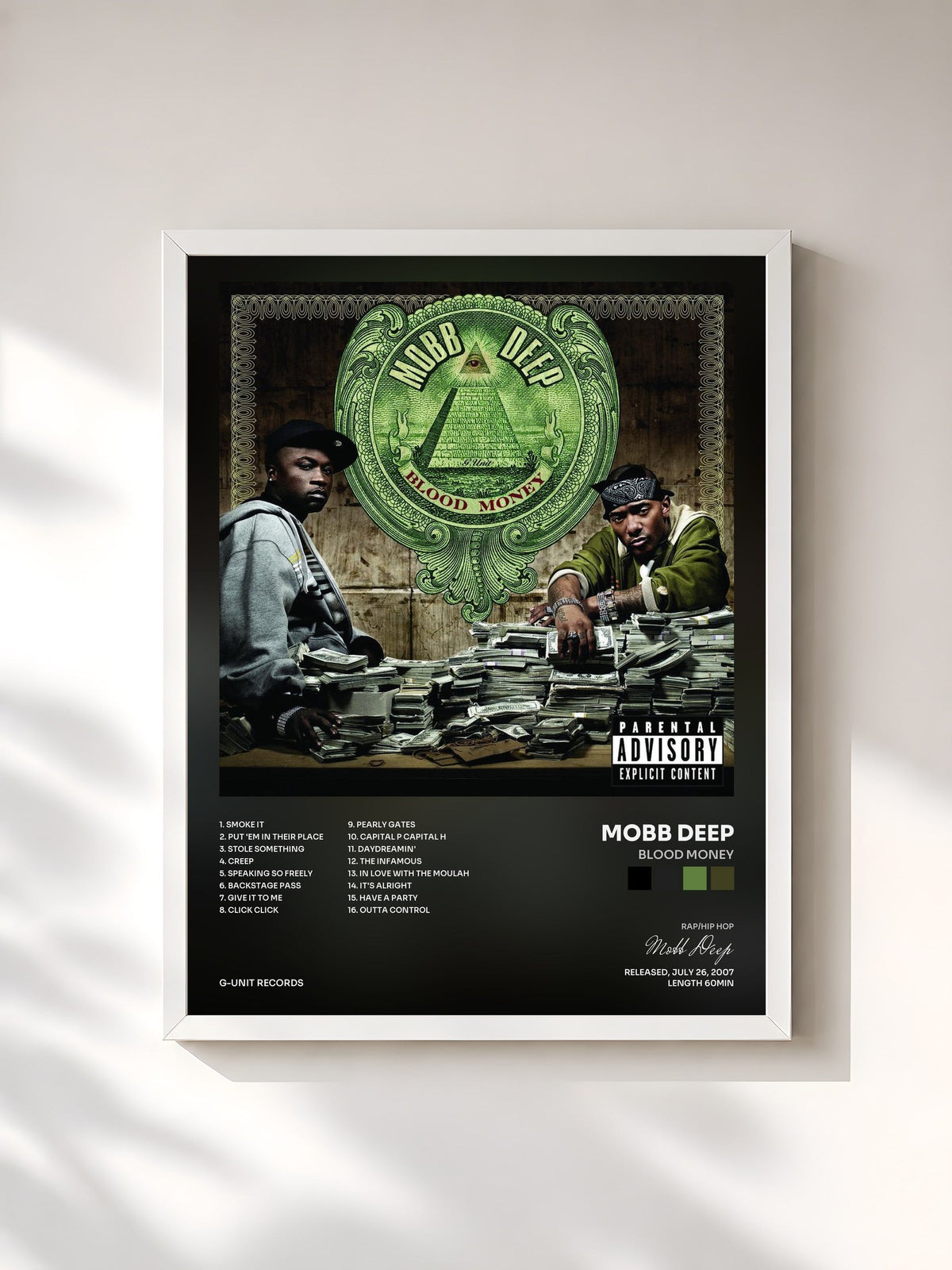 #blanc Tableau de l'album Blood Money de Mobb Deep, cadre blanc, imprimé et encadré en France