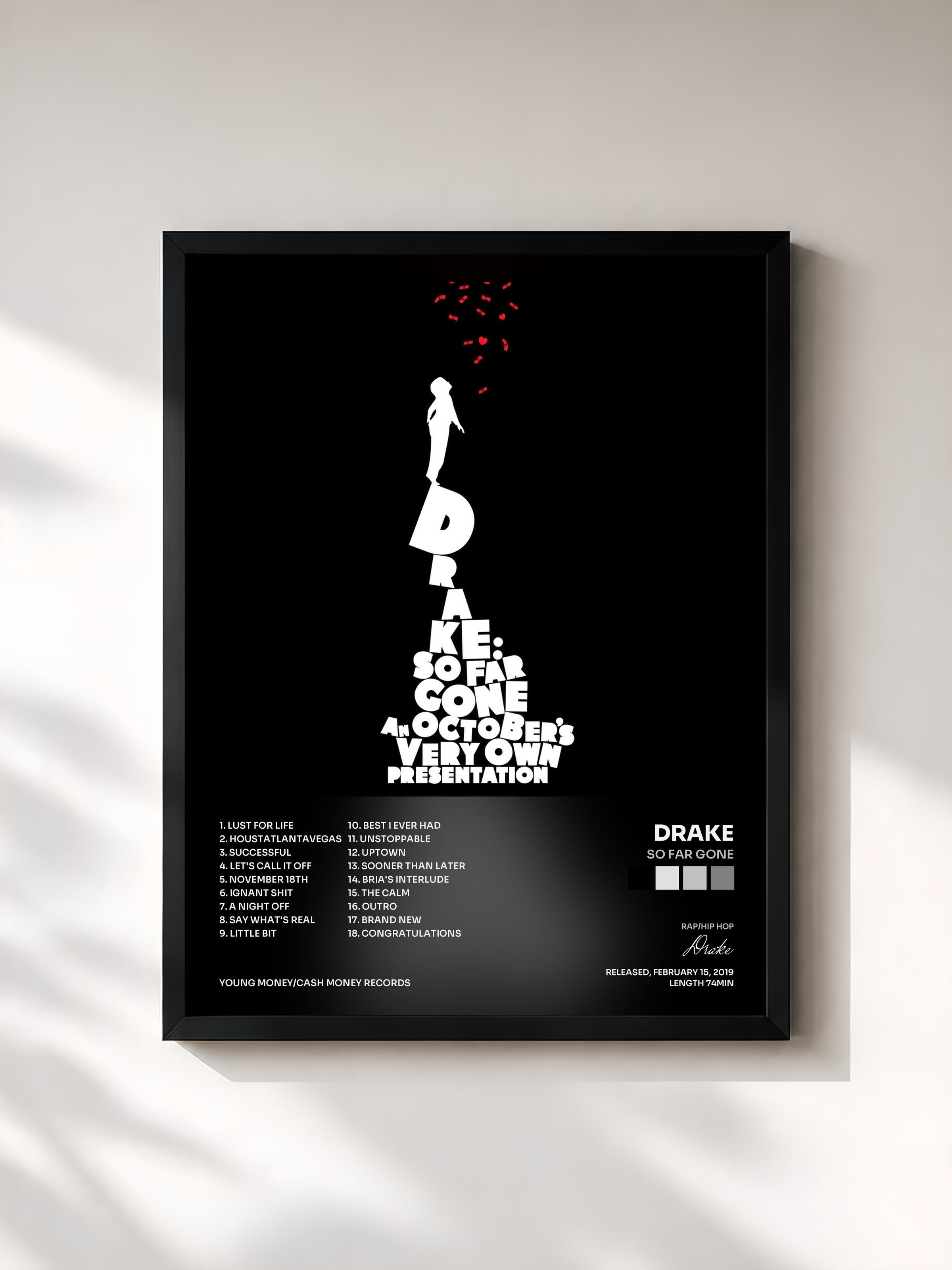 #noir Tableau de l'album So Far Gone de Drake, cadre noir, imprimé et encadré en France