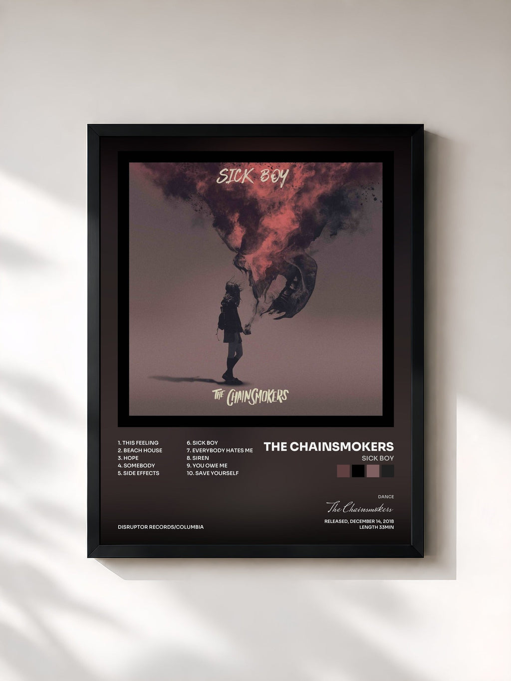#noir Tableau de l'album Sick Boy de The Chainsmokers, cadre noir, imprimé et encadré en France