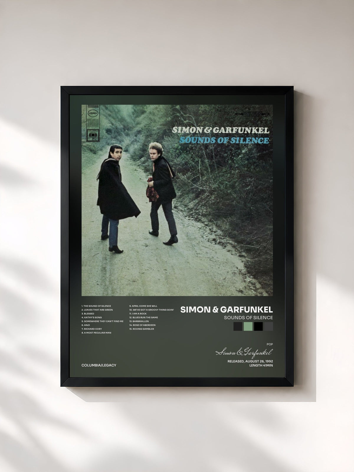 #noir Tableau de l'album Sounds Of Silence de Simon & Garfunkel, cadre noir, imprimé et encadré en France