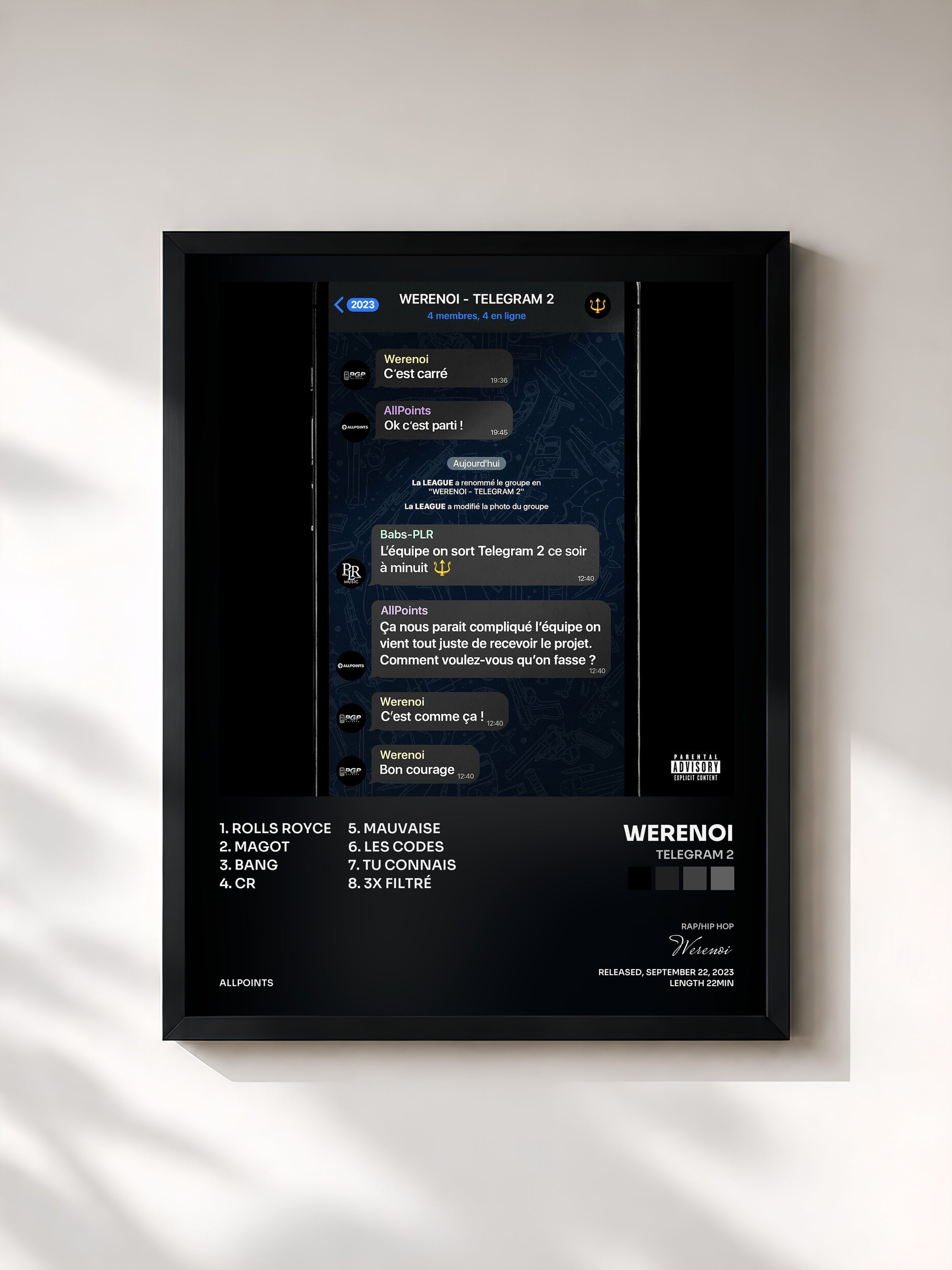 #noir Telegram 2 de Werenoi en lámina enmarcada, marco negro, impresa y enmarcada en Francia