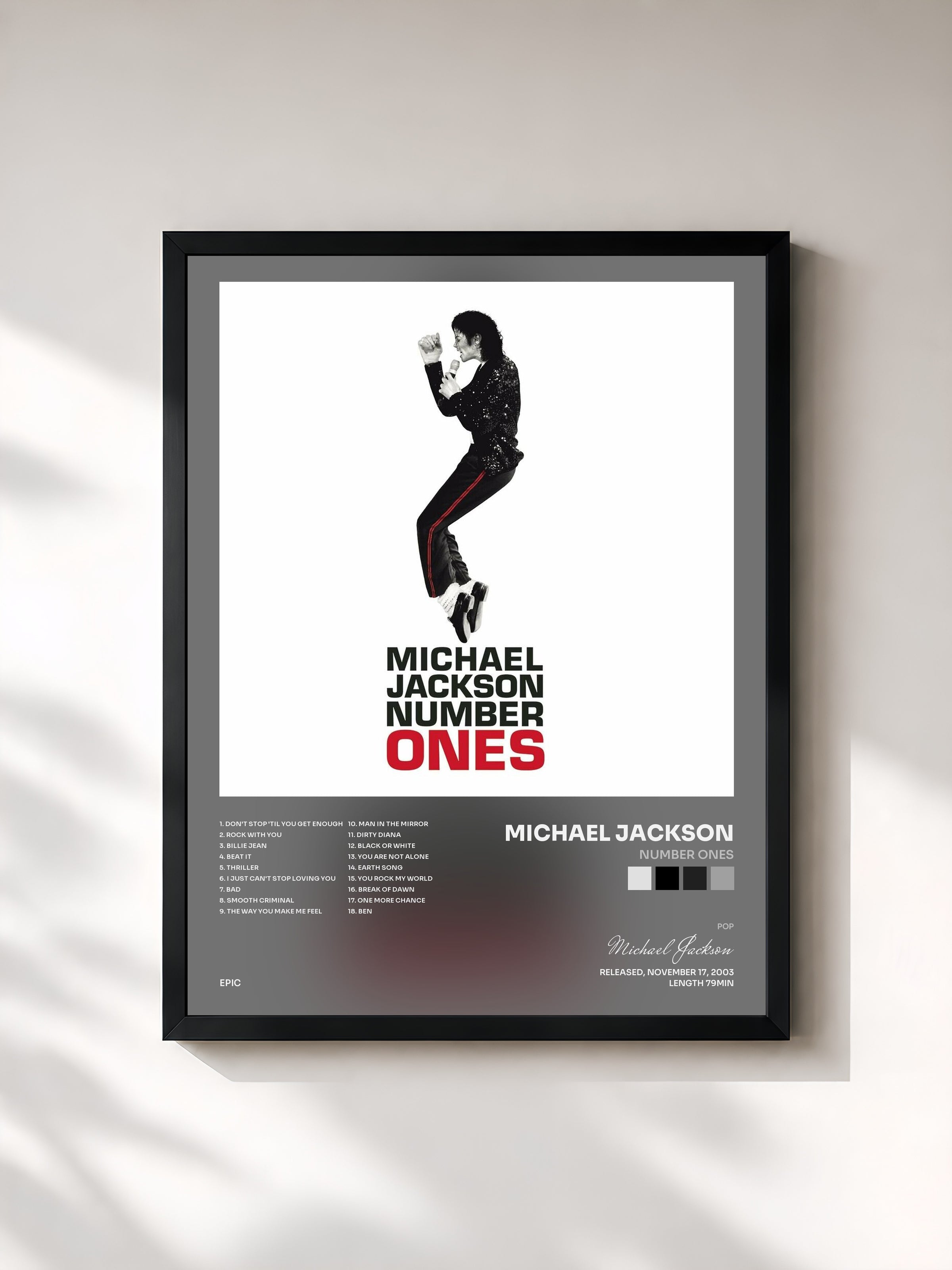 #noir Tableau de l'album Number Ones de Michael Jackson, cadre noir, imprimé et encadré en France