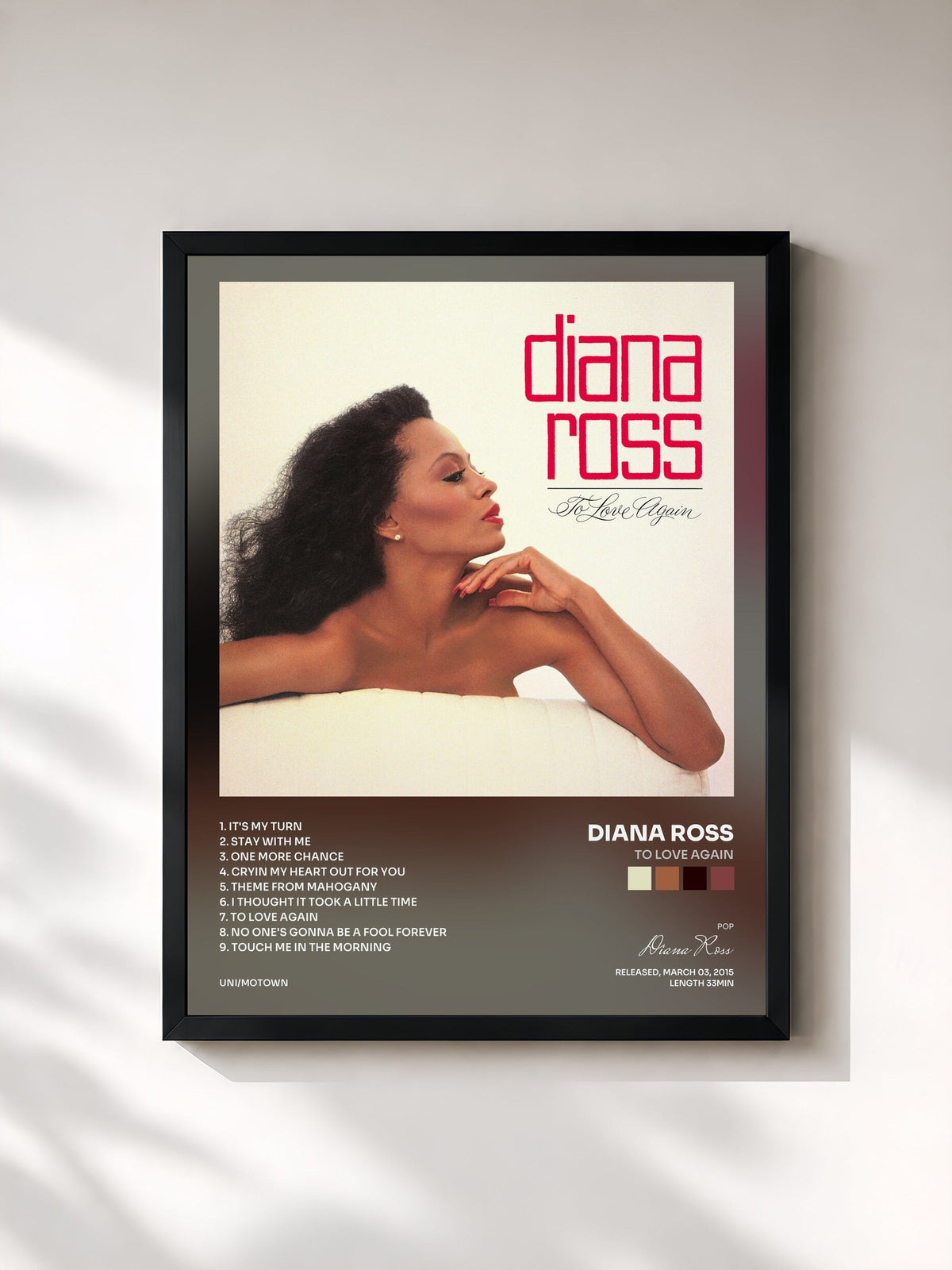 #noir Tableau de l'album To Love Again de Diana Ross, cadre noir, imprimé et encadré en France