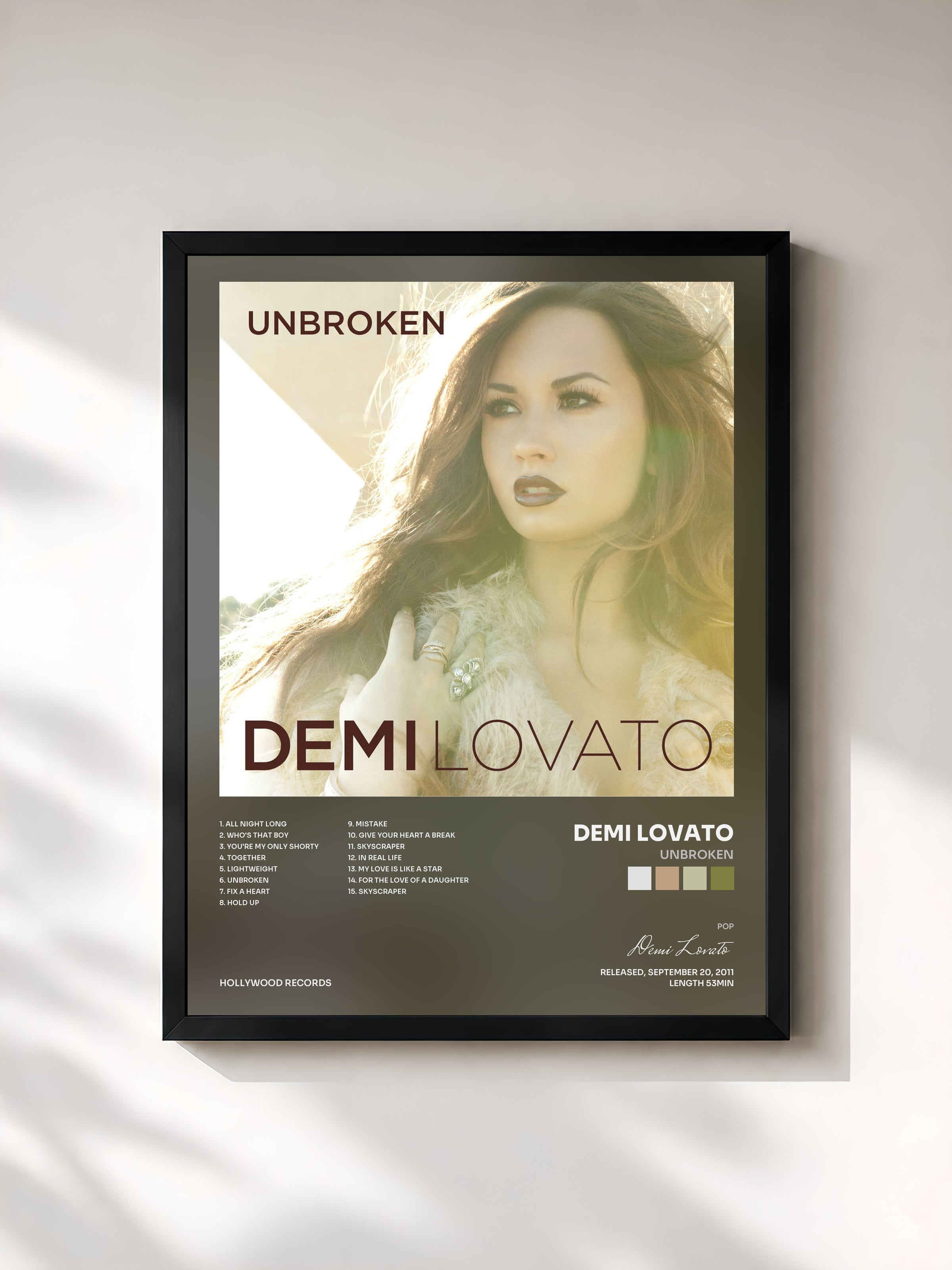 #noir Tableau de l'album Unbroken de Demi Lovato, cadre noir, imprimé et encadré en France