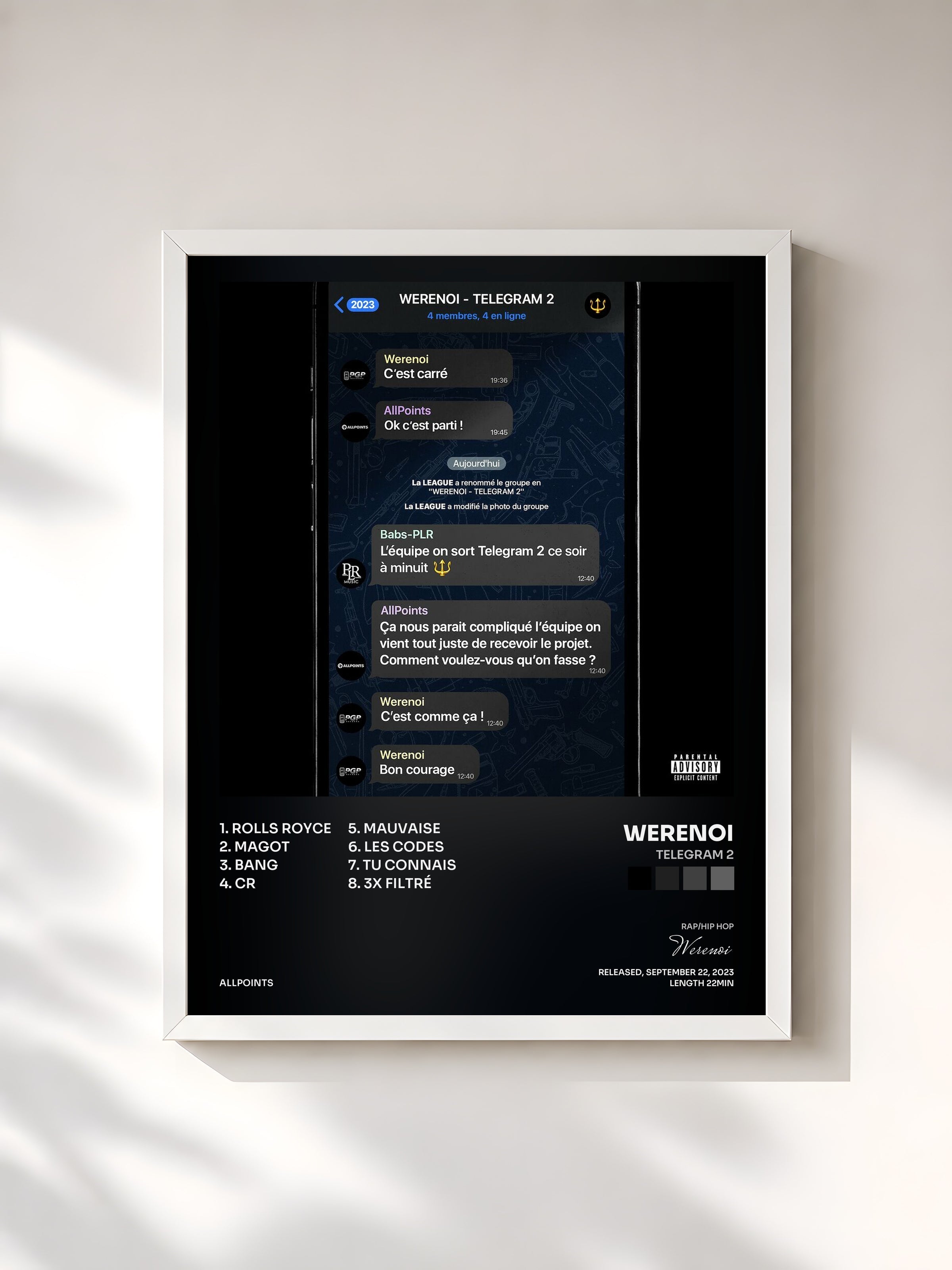 #blanc Telegram 2 de Werenoi en lámina enmarcada, marco blanco, impresa y enmarcada en Francia