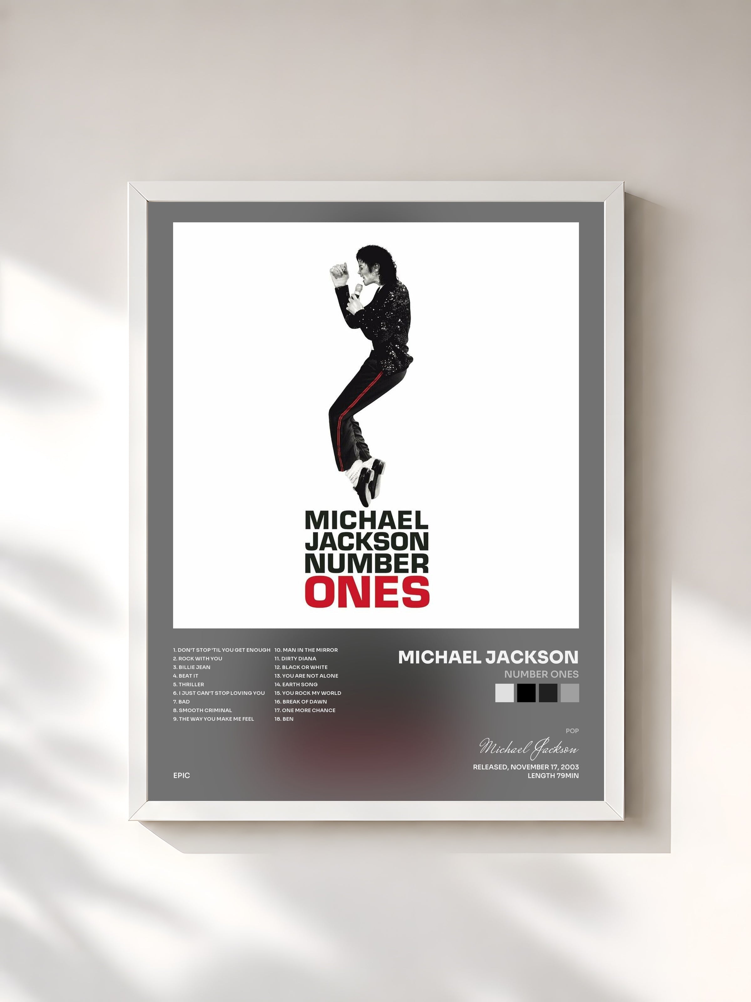 #blanc Tableau de l'album Number Ones de Michael Jackson, cadre blanc, imprimé et encadré en France