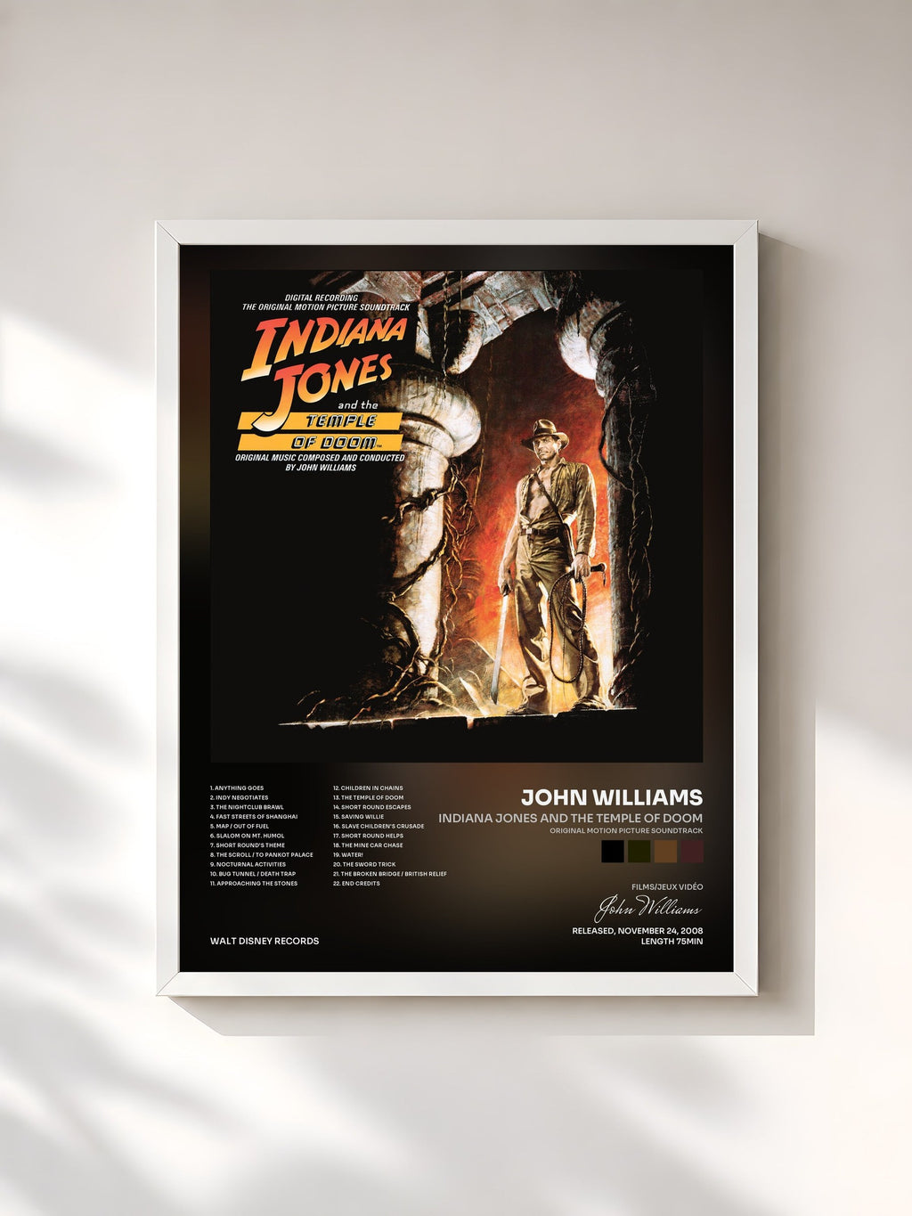 #blanc Indiana Jones and the Temple of Doom (Original Motion Picture Soundtrack) by John Williams as a framed art print, white frame, printed and framed in France