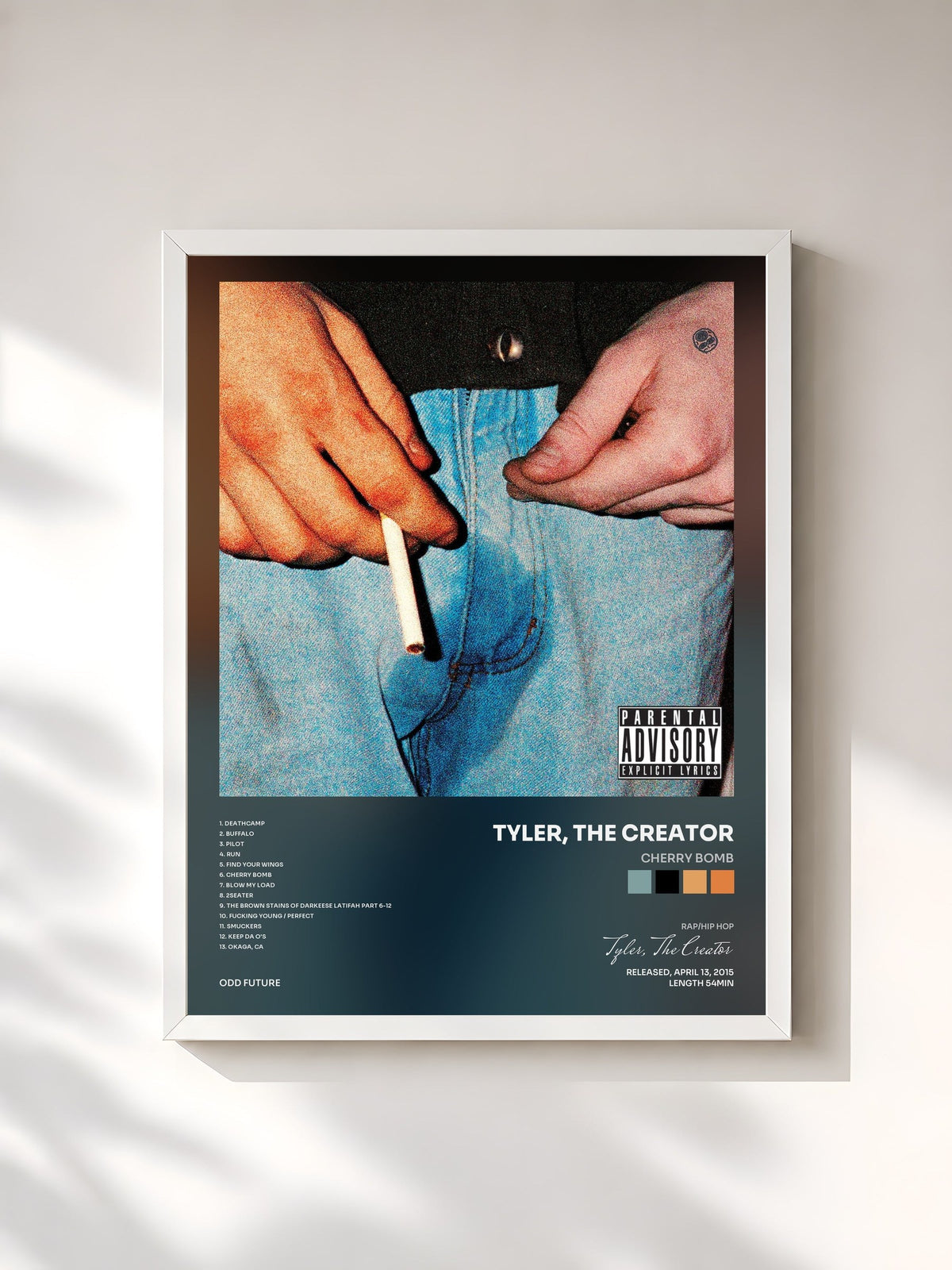 #blanc Cherry Bomb de Tyler, The Creator en lámina enmarcada, marco blanco, impresa y enmarcada en Francia